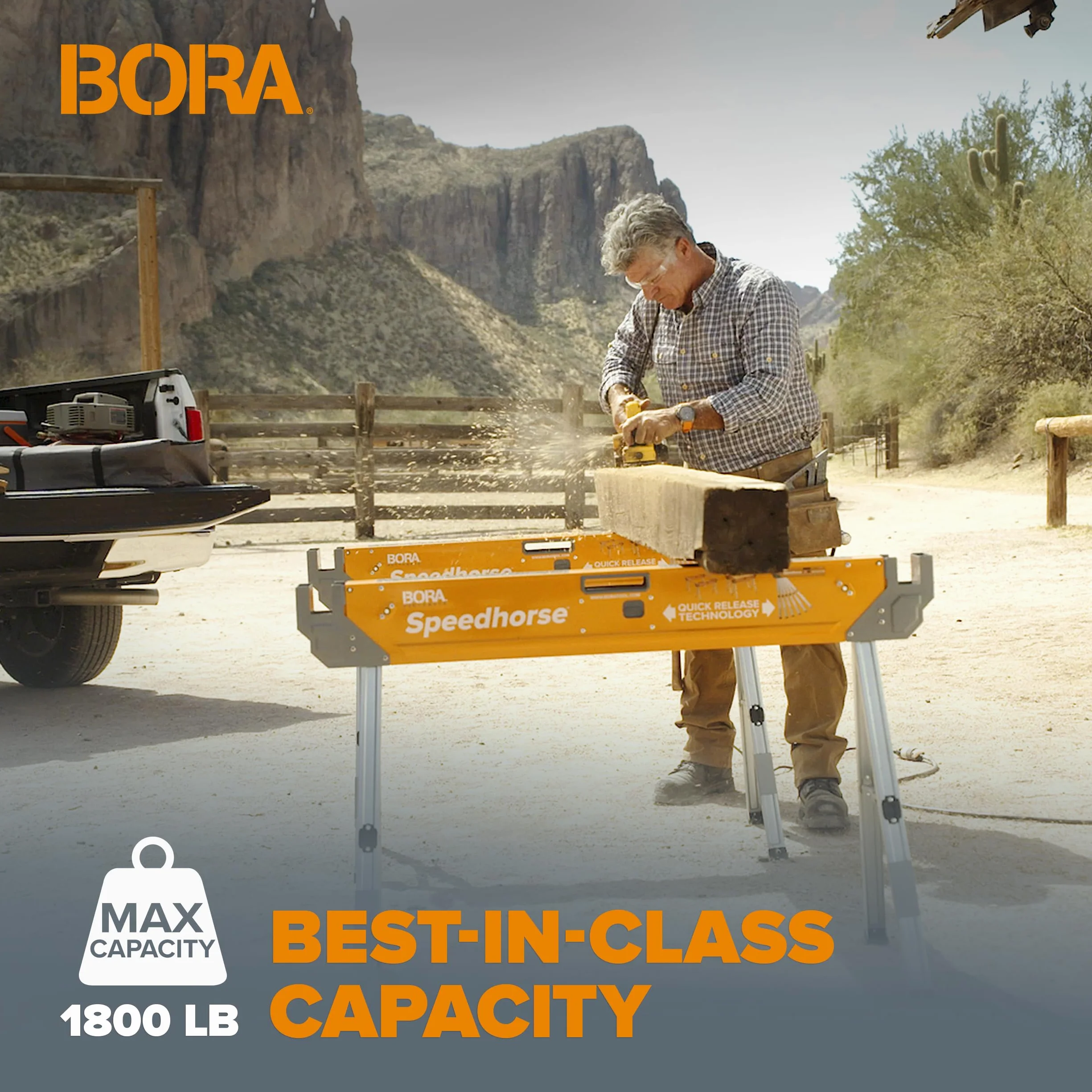 Bora PORTAMATE Speedhorse PM-4500T dwupak, 30 x szybsza natychmiastowa konfiguracja, niesekwencyjne składanie nóg, nośność 1633 kg na parę, metalowy blat na 2 x 4 cm, wytrzymała, profesjonalna piła