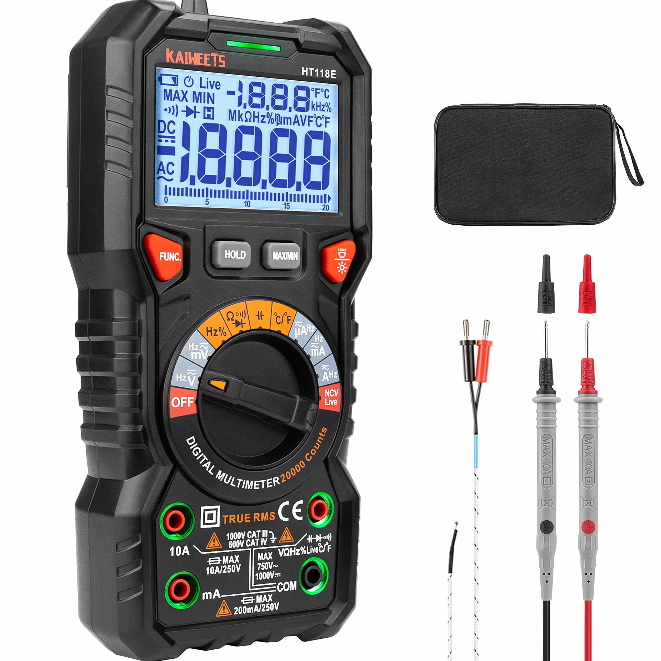Cyfrowy multimetr z gniazdami LED, miernik prądu KAIWEETS HT118E, True RMS Auto-Range 20000 Count, mierzy napięcie, pojemność, temperaturę, rezystancję dla elektryków