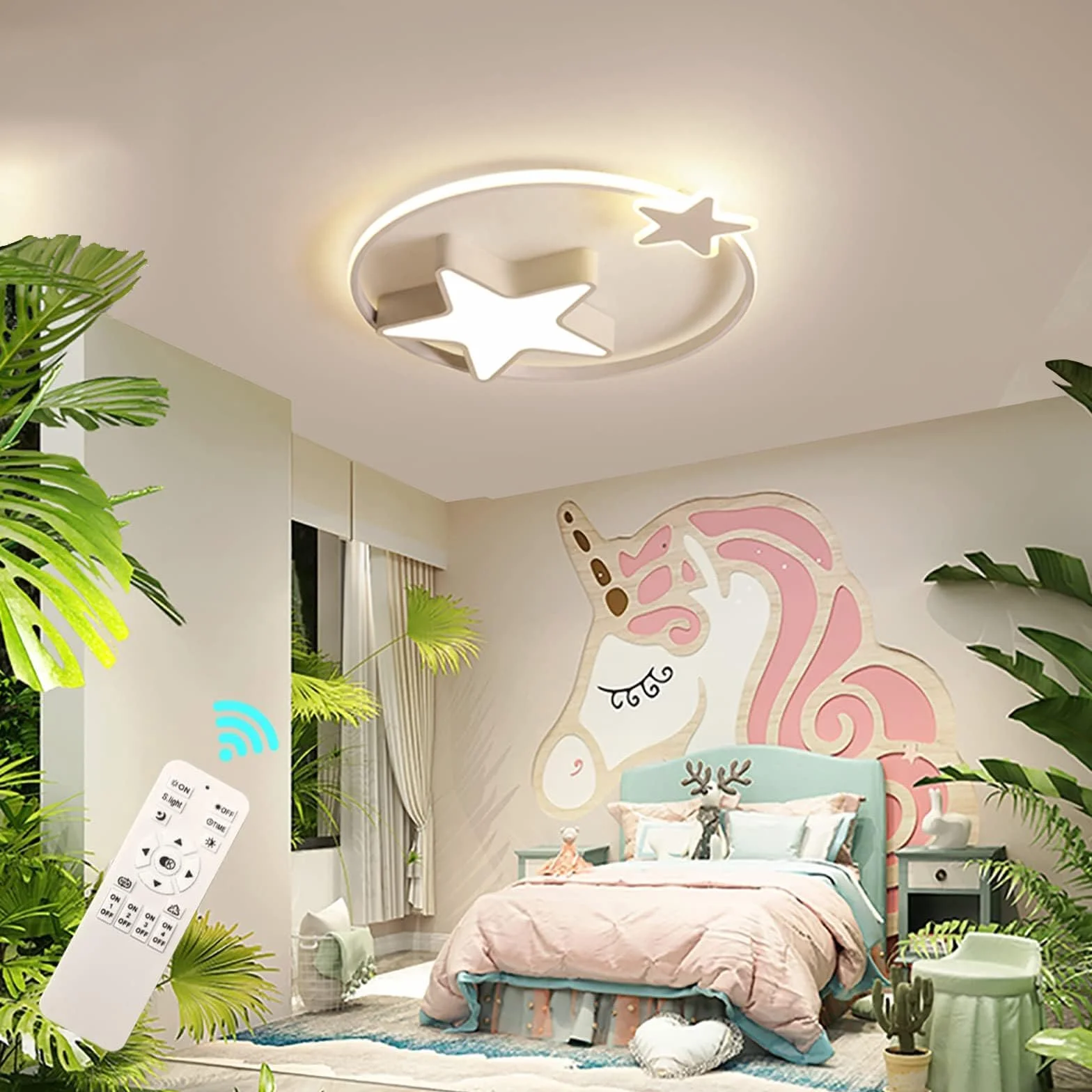 Biała Lampa Sufitowa LED | Nowoczesna Okrągła Lampa Dziecięca | Gwiazda Gwiaździste Niebo Dzieci Światło | Ø55cm 48W | Możliwość Przyciemniania Za Pomocą Pilota | Pokój Dziecięcy Chłopcy Dziewczęta