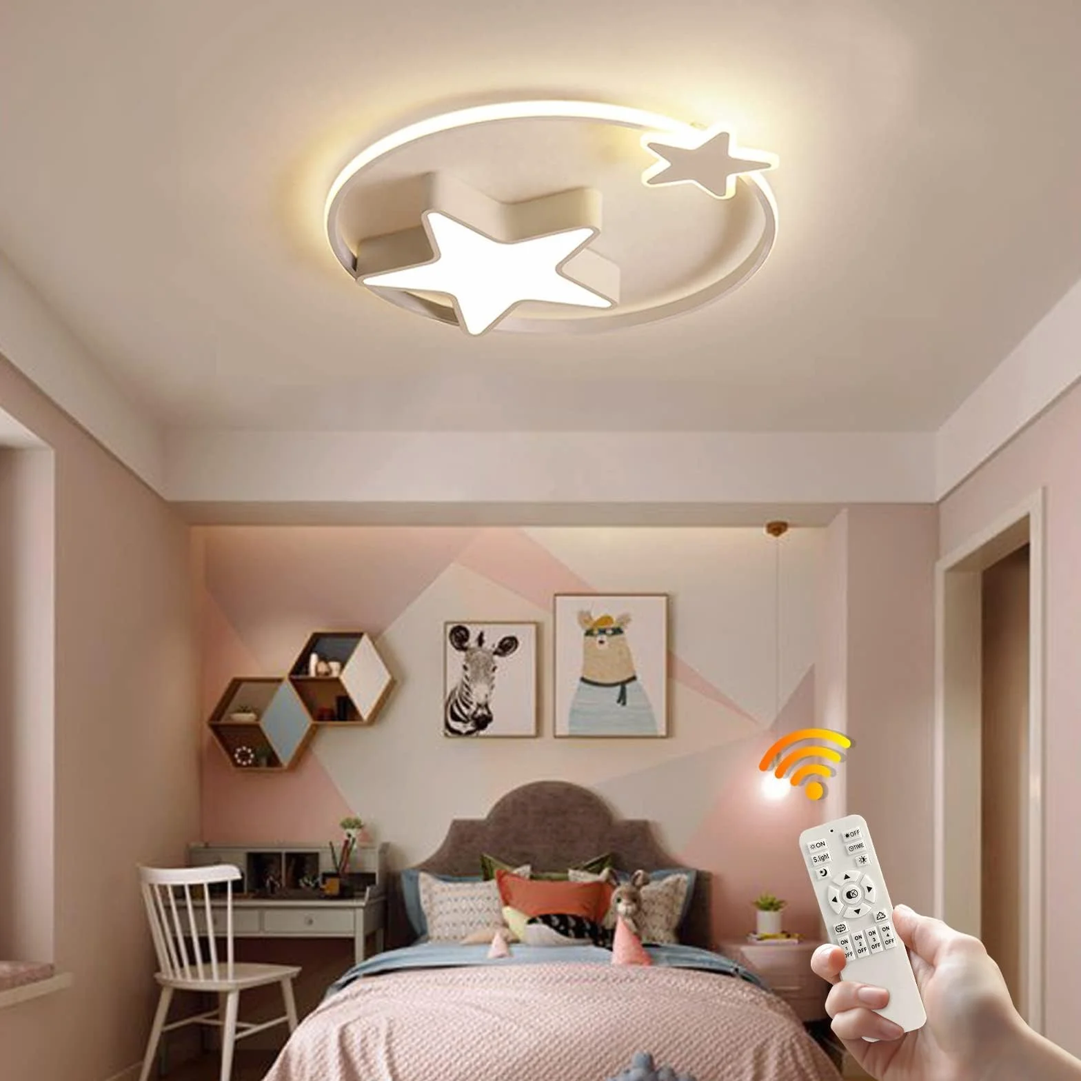 Biała Lampa Sufitowa LED | Nowoczesna Okrągła Lampa Dziecięca | Gwiazda Gwiaździste Niebo Dzieci Światło | Ø55cm 48W | Możliwość Przyciemniania Za Pomocą Pilota | Pokój Dziecięcy Chłopcy Dziewczęta