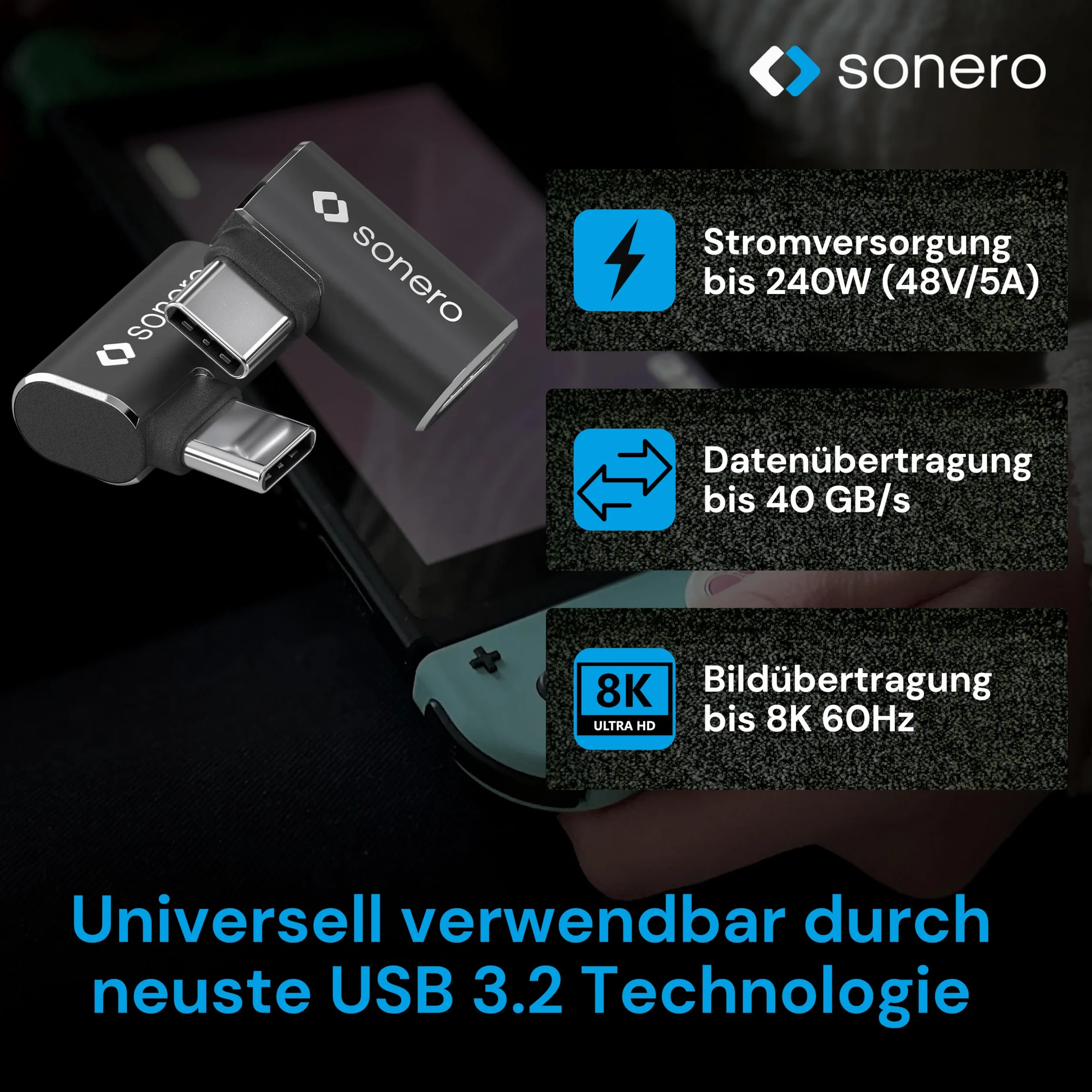 Sonero Adapter USB-C 90° 40 Gbps 240 W 8K60Hz Aluminiowa Obudowa Czarna