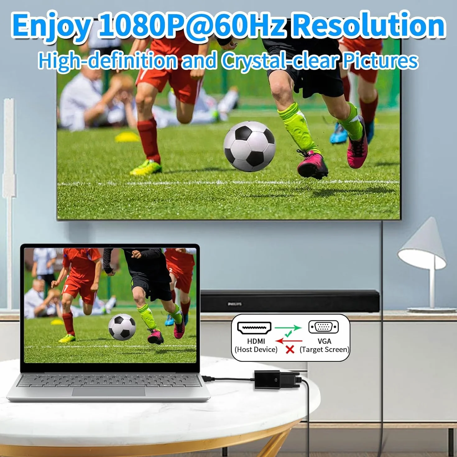 YIIFELL Adapter HDMI na VGA 1080P męski na żeński konwerter do komputera laptopa monitora projektora HDTV