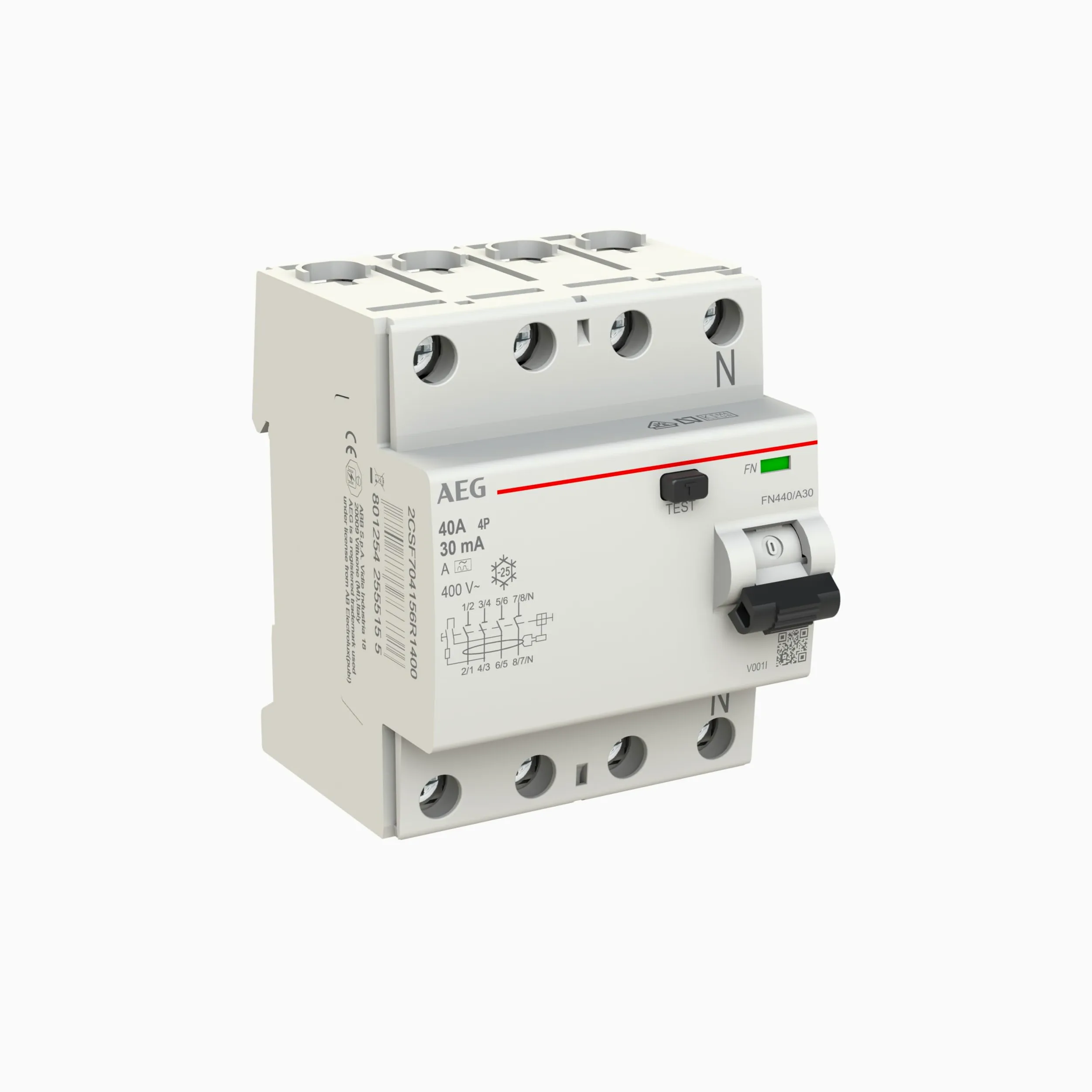 AEG przełącznik FI 4x40A/0,03 FN440/A30, wyłącznik różnicowoprądowy, 2CSF704156R1400, instalacja elektryczna