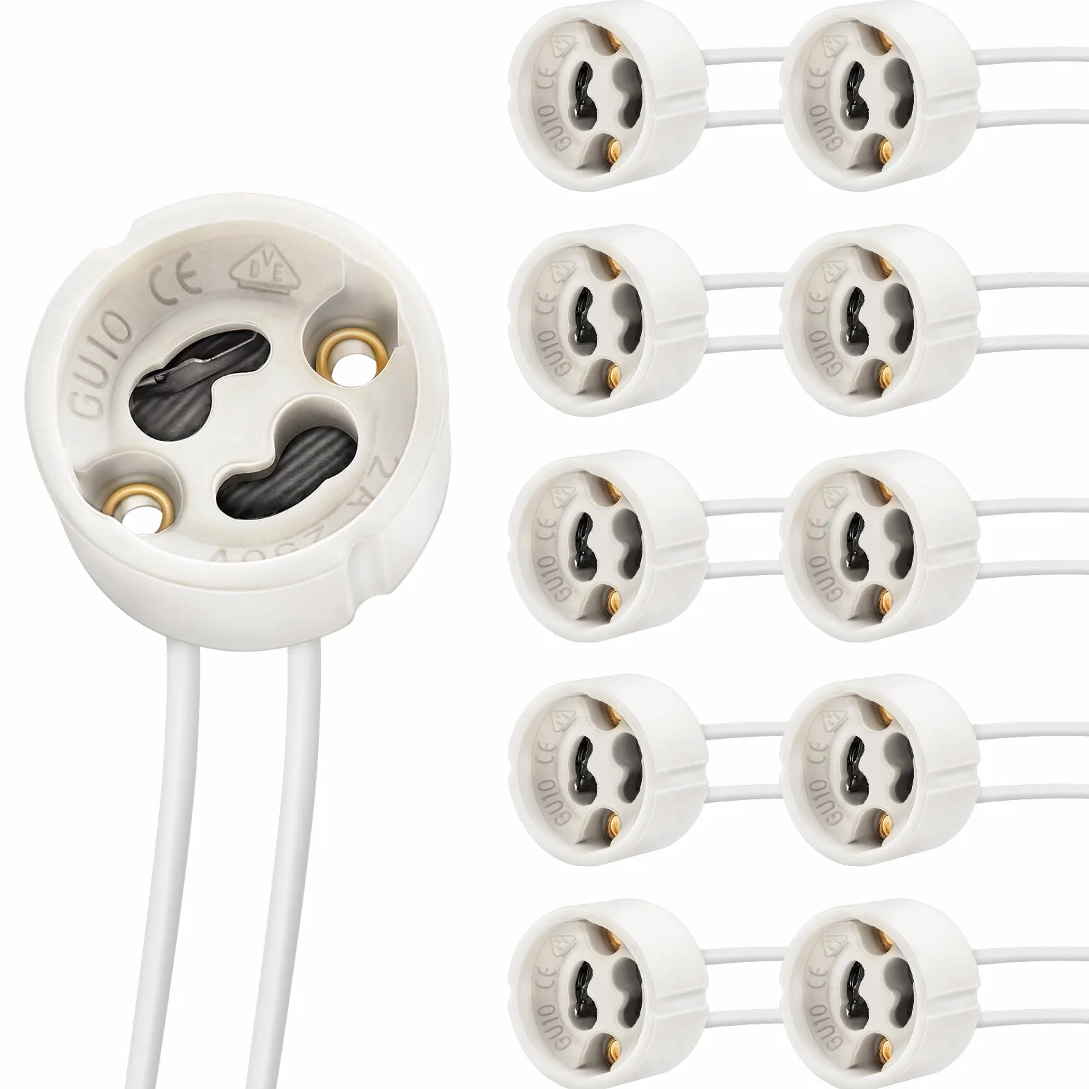 DiCUNO GU10 uchwyt lampy 0,75 mm² drut silikonowy złącze GU10 ceramiczna podstawa do LED i halogenów, 250 V, maks. 300 W, 10 sztuk