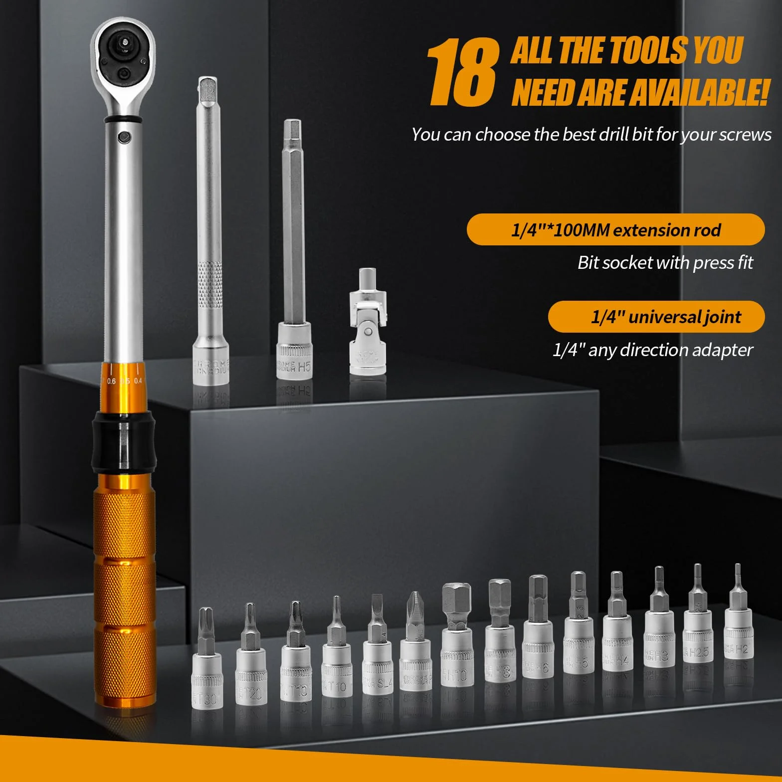 CCLIFE Klucze dynamometryczne do samochodu 1/4" 1-25 Nm, zestaw misek dynamometrycznych do roweru i motocykla z drążkiem przedłużającym 100 mm, przegub uniwersalny, 19-częściowy