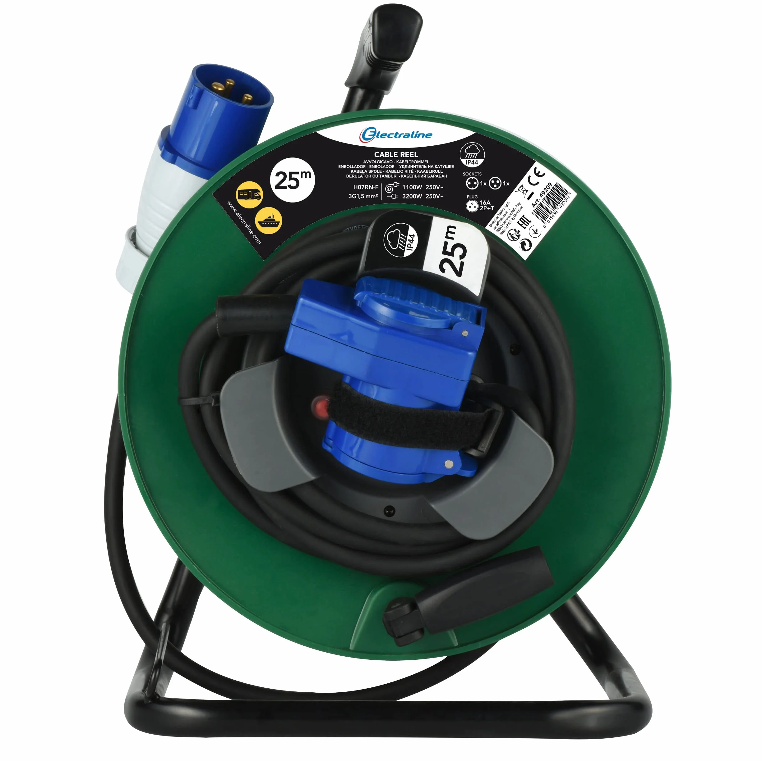 Electraline 49209 Gumowy przedłużacz elektryczny z nawijaniem kabla samochodowego, kempingowego, przyczepy kempingowej, z trójbiegunową wtyczką CEE i ceną przemysłową IEC-IP44, zielony/czarny, 25 M