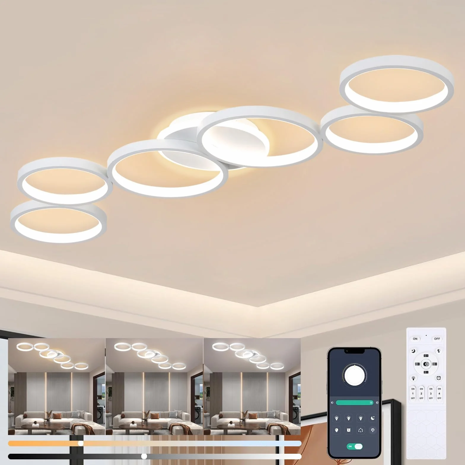 Lampa Sufitowa LED Ściemniana Lampa Sufitowa Biały Światło Salonowe Światło Sypialni Zdalne Sterowanie i Aplikacją, Nowoczesna Oświetlenie Sufitowe Okrągłe 6 Pierścień z Funkcją Pamięci, L113cm/69W