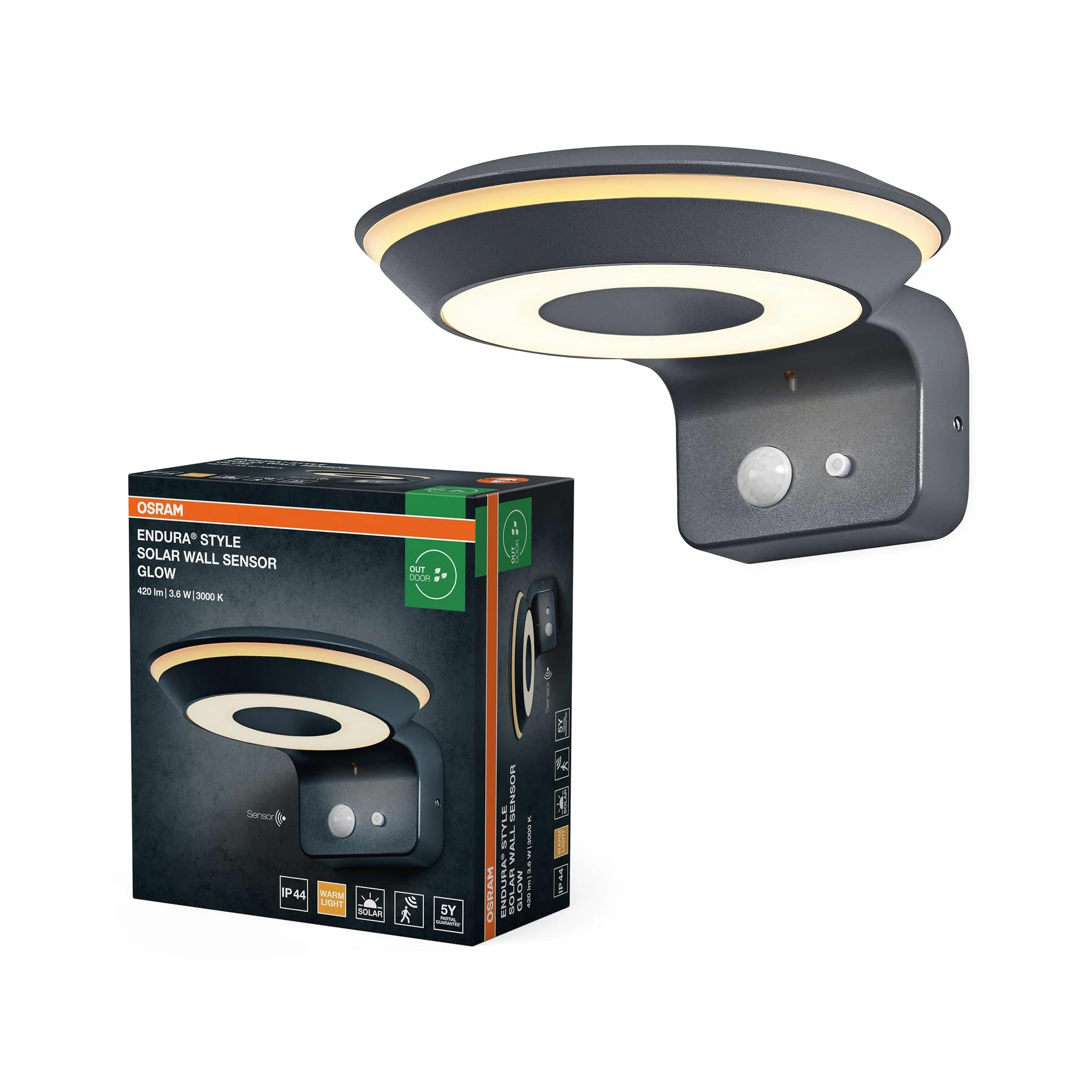 OSRAM Solarna Oprawa ścienna ENDURA Style Glow, dwa oddzielnie sterowane pierścienie świetlne, ciepłobiałe światło (3000K), zintegrowany czujnik, do użytku bez zasilania, stopień ochrony IP44,