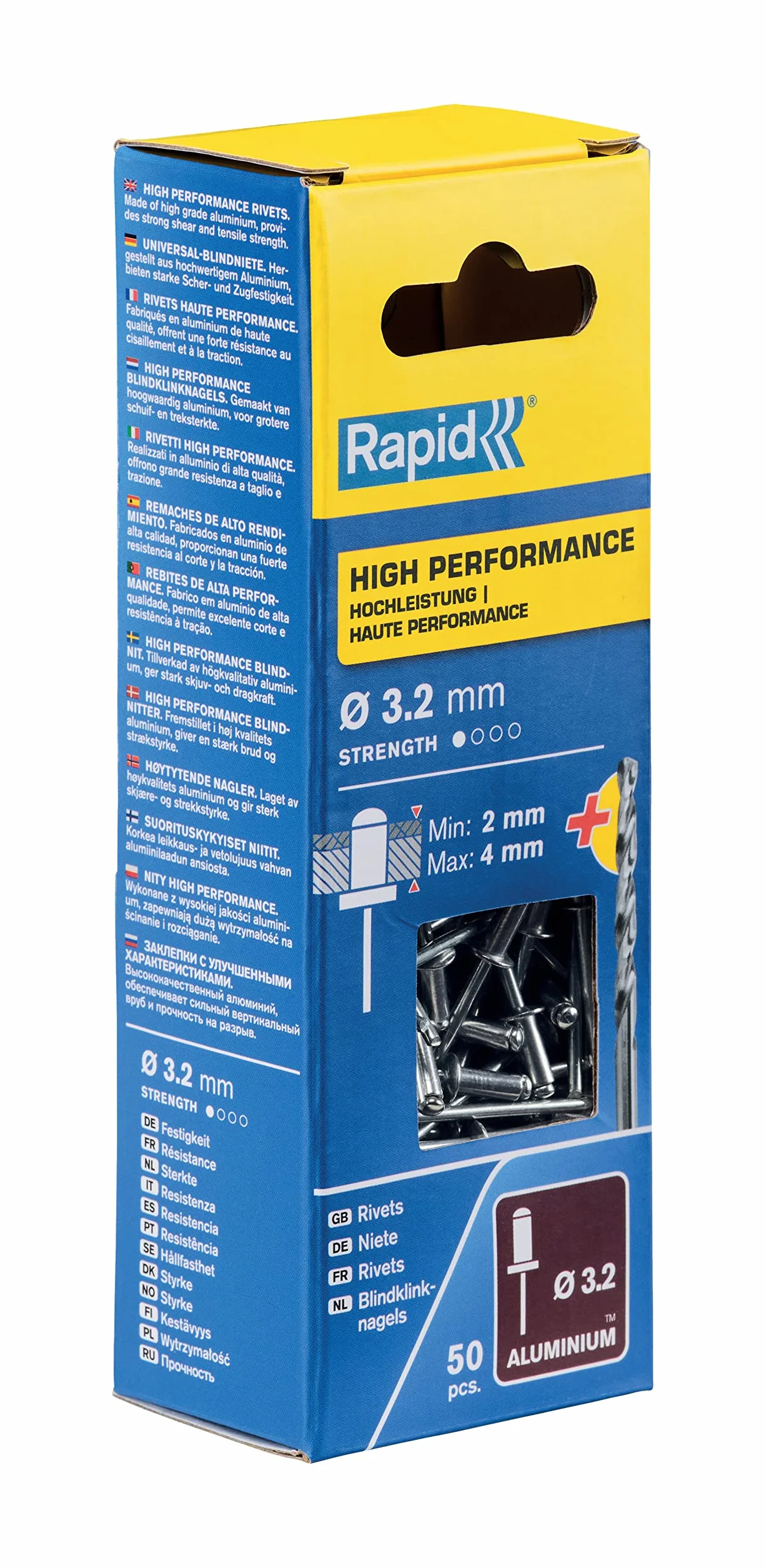Rapid Nity zrywalne aluminium uniwersalne Ø 3,2 mm, zakres zacisku 2-4 mm, 50 szt. nitów, zestaw z wiertłami, do szczypiec nitowniczych