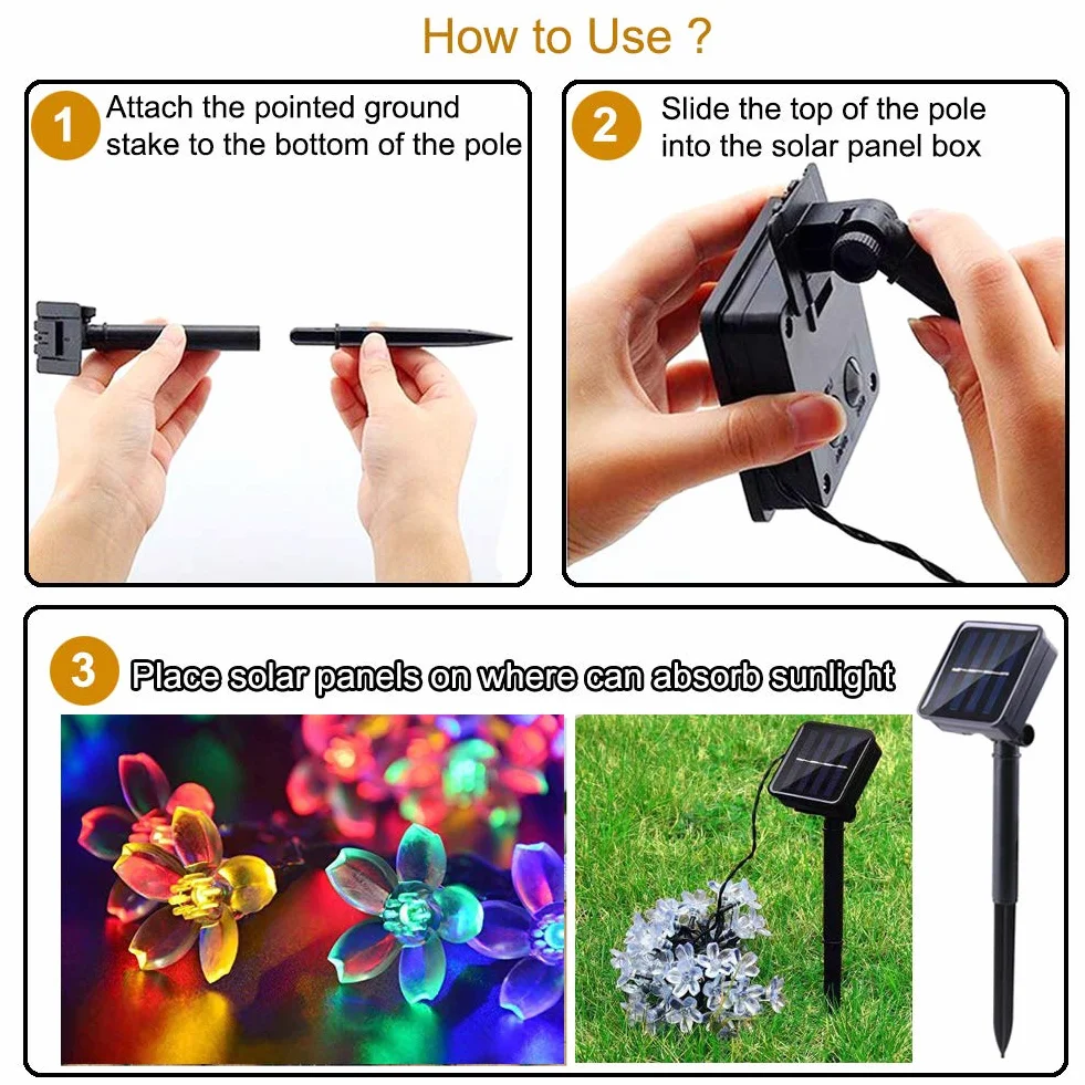 Solarny łańcuch świetlny na zewnątrz do ogrodu, 6,5 m, 50 diod LED, kwiaty, wodoodporny, zasilany energią słoneczną, łańcuch świateł, dekoracja, festiwal, kolorowe światło, na imprezę, ślub, patio, Boże Narodzenie, dekoracja, wielokolorowa