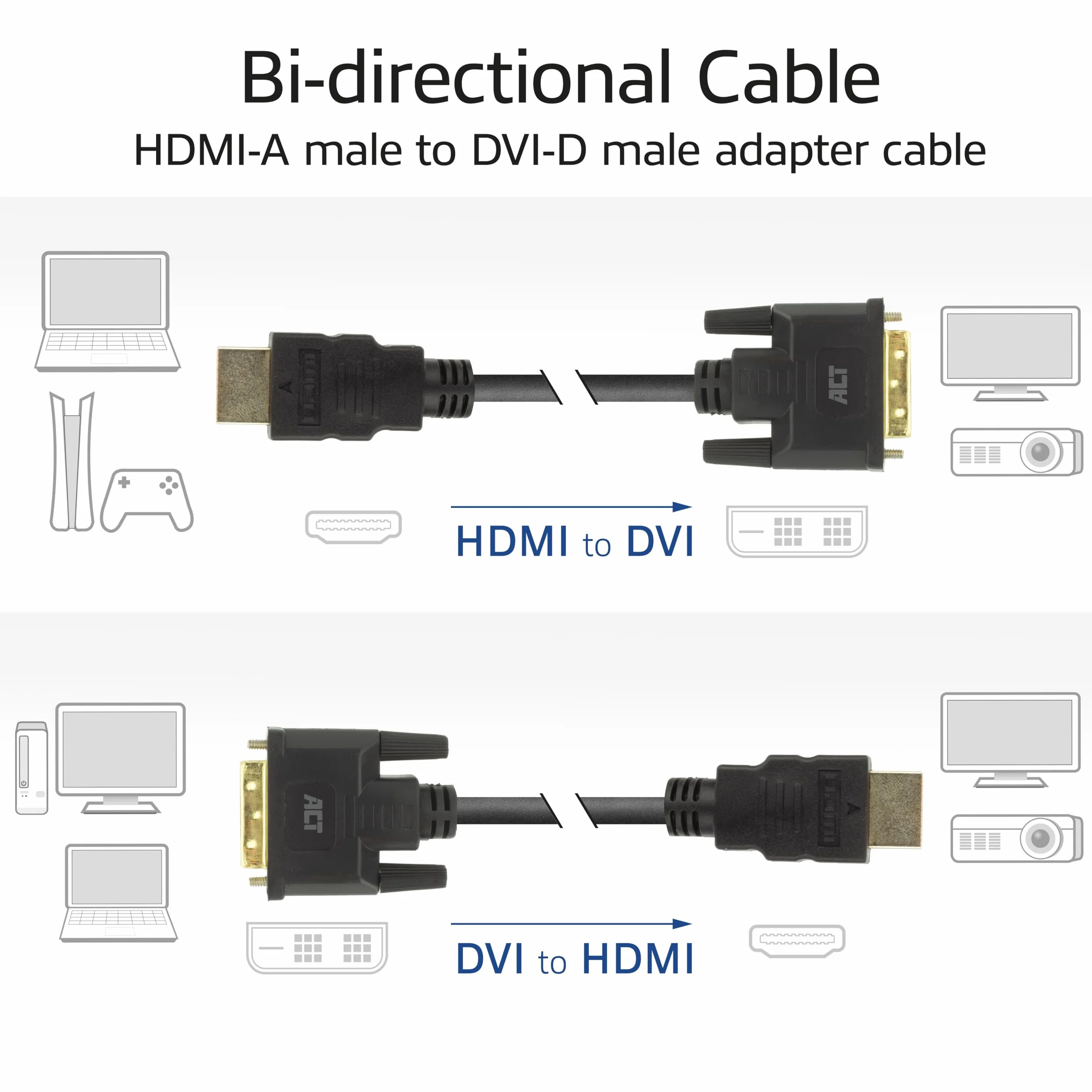 ACT Kabel HDMI na DVI 2 m, 4K 60 Hz, dwukierunkowy adapter HDMI DVI (DVI-D 18+1 pin) wtyczka na wtyczkę, pozłacana, do podłączenia monitora DVI – AK3735