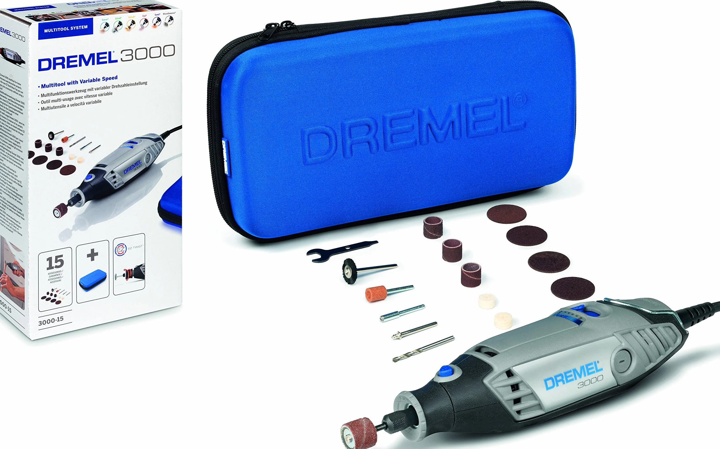Dremel 3000 narzędzie wielofunkcyjne – wersja włoska (130 W, zestaw z 15 akcesoriami, prędkość obrotowa 10 000 – 33 000 obr./min do cięcia, szlifowania, grawerowania, polerowania, ostrzenia, rzeźbienia, frezowania)