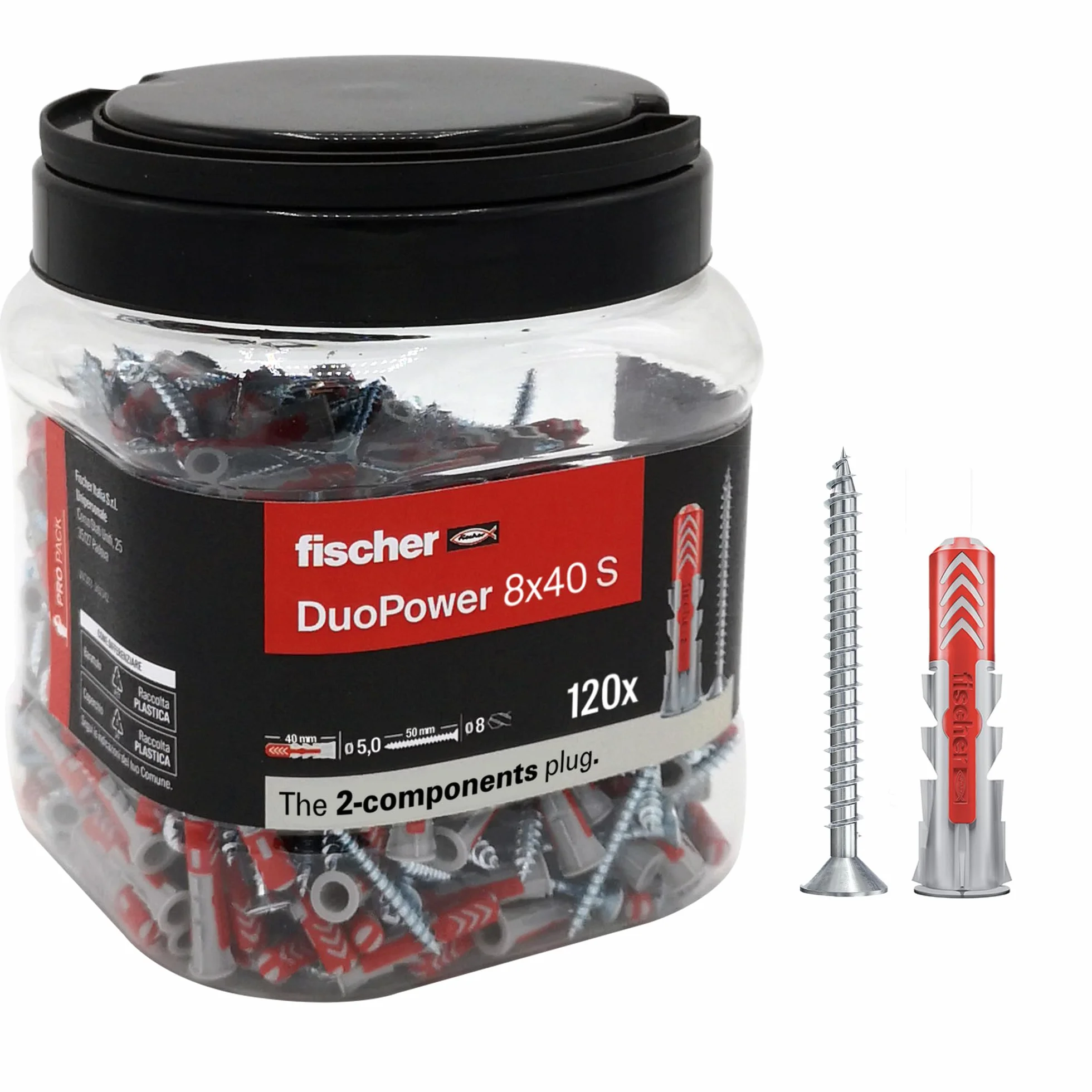 Fischer Propack Duopower 8x40, 120 kołków ze śrubą do słoika wielokrotnego użytku, do mocowania na betonie, murze i płytach gipsowo-kartonowych, 572886