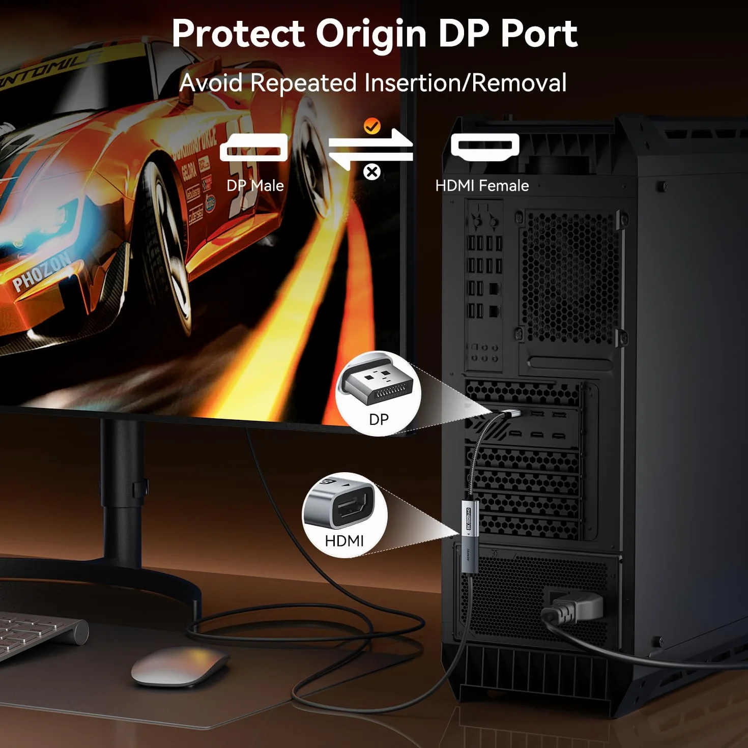 BENFEI Adapter DisplayPort 1.4 do HDMI 2.1 8K@60Hz/4K@240Hz/1080P@480Hz, jednokierunkowy adapter DP komputer do monitora HDMI, wysokiej klasy aluminiowy konwerter do monitora do gier, TV, AMD, NVIDIA