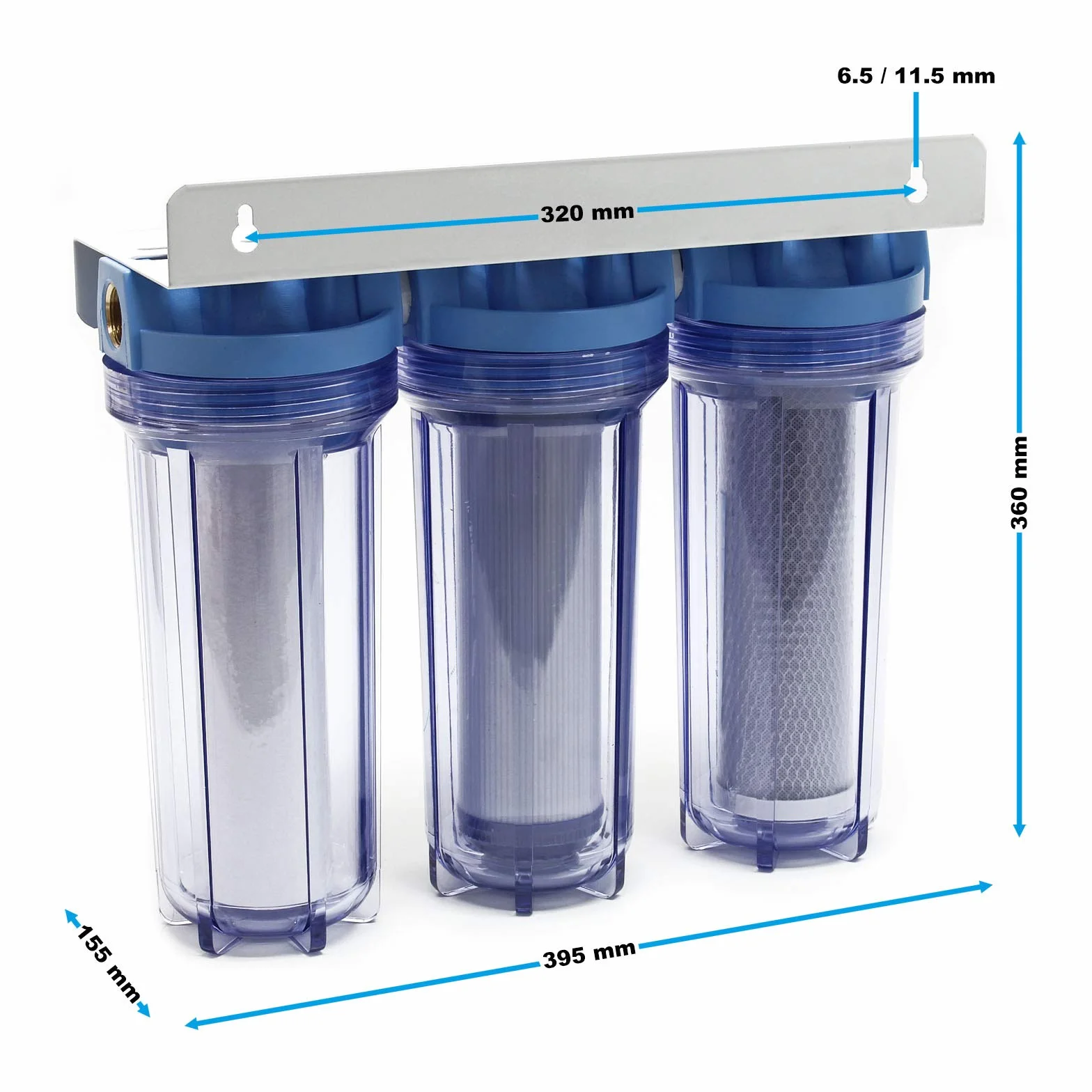 Naturewater NW-PR103 3-stopniowy filtr do wody, 5 µ, 20,67 mm (1/2"), wkład PP Ø62 mm, uchwyt ścienny filtra, klucz do filtra, filtr osadów blok węgla aktywnego granulat węgla aktywnego