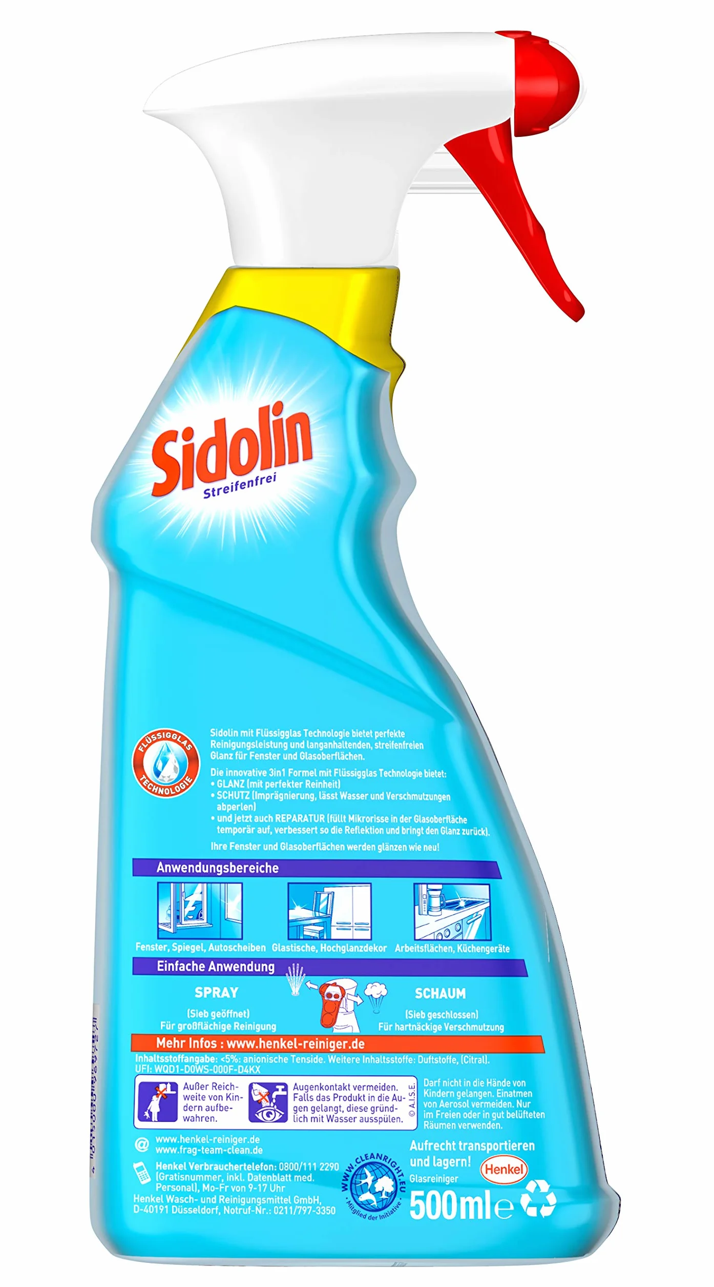 Sidolin Cytrusy, środek do czyszczenia szkła, 500 ml, butelka z rozpylaczem, dla doskonałego, promiennego połysku i przeciwko mikropęknięciom
