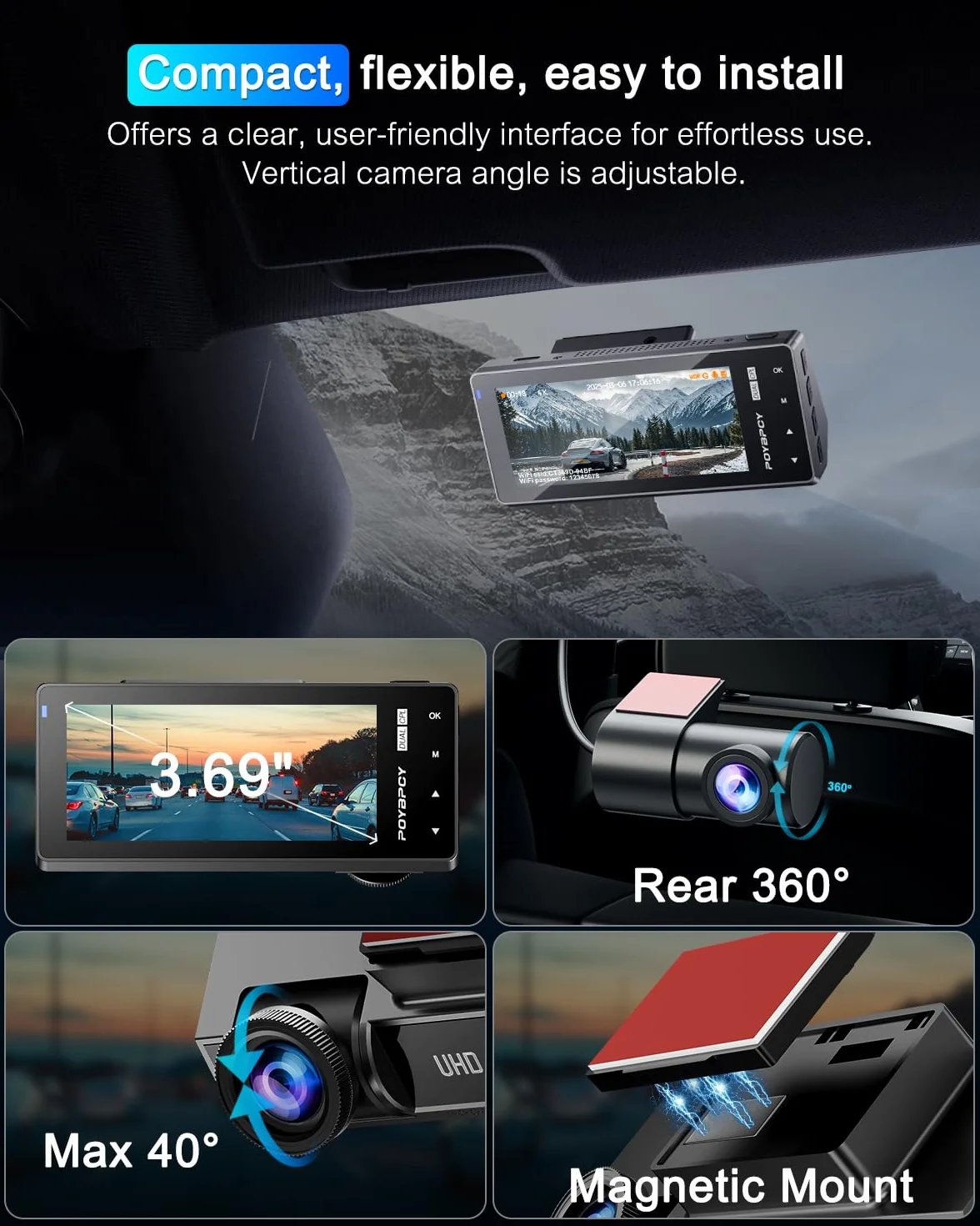kamera samochodowa przód tył 4K+1080P z filtrem CPL,Kamera samochodowa obracana o 360°,karta SD 64 G,5GHz WiFi Dash Cam, ekran 3,69",170°+140°,czujnik G,nagrywanie w pętli,monitorowanie parkowania