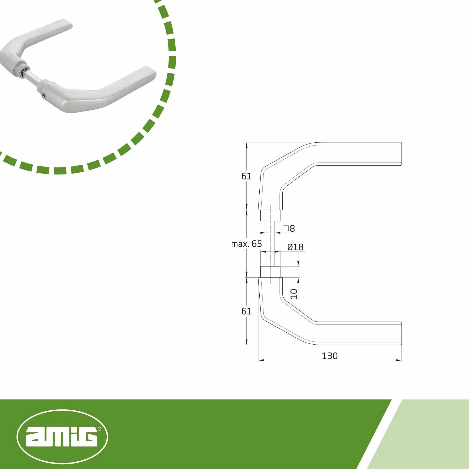 Amig - Zestaw srebrnych klamek aluminiowych bez płytki idealny do drzwi wejściowych i wejściowych - 130 x 61 mm · Maksymalna grubość drzwi 65 mm | Funkcjonalna, dekoracyjna i nowoczesna rączka z korbą