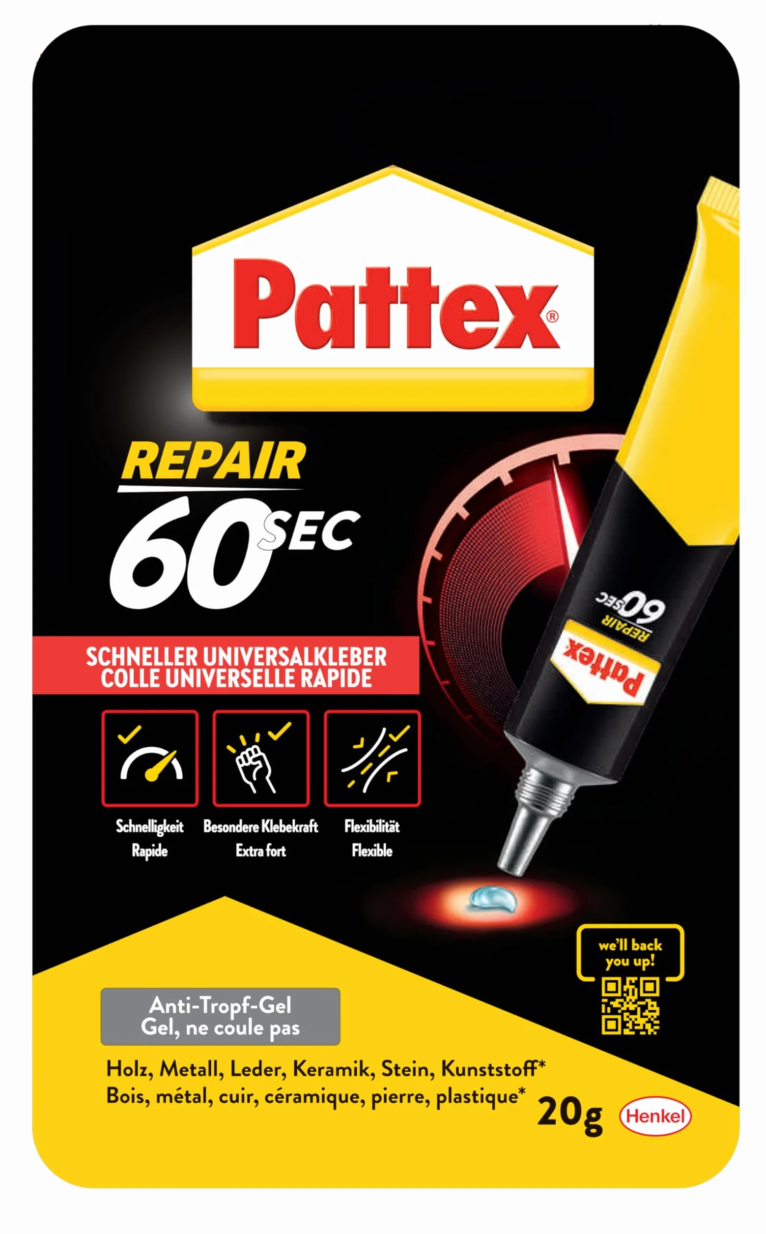 Pattex 60sec. Klej uniwersalny, tuba 20 g Uniwersalny klej do napraw domowych, szybkie wiązanie w ciągu zaledwie 60 sekund, mocny klej do wielu materiałów