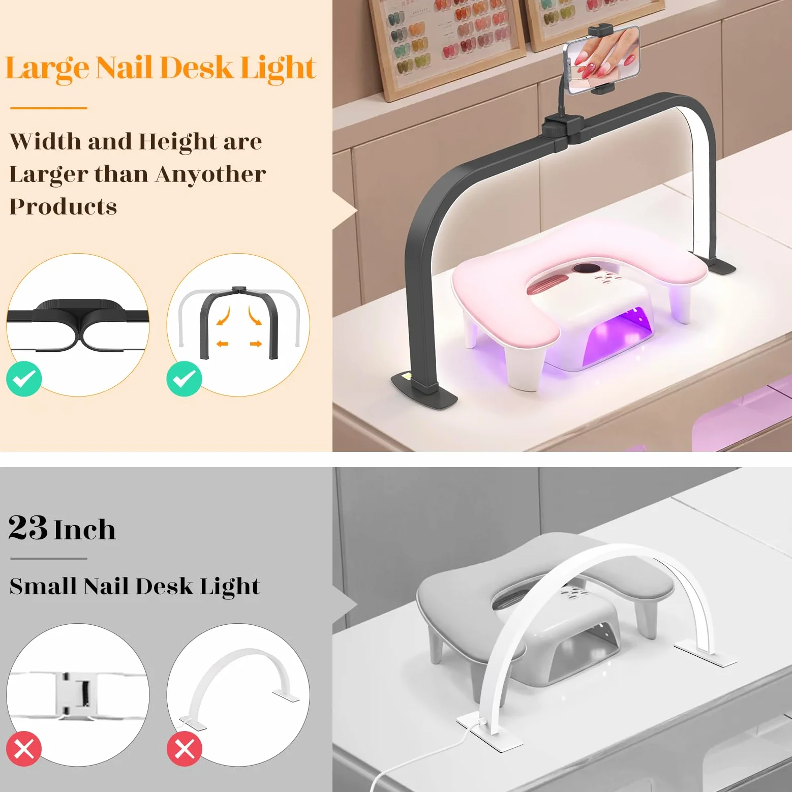 Lampa biurkowa z półksiężycem do paznokci: 29 cali LED półksiężyc lampa z uchwytem na telefon dla projektantów paznokci – 3 tryby kolorów i 10 poziomów jasności, lampa półksiężycowa do studia