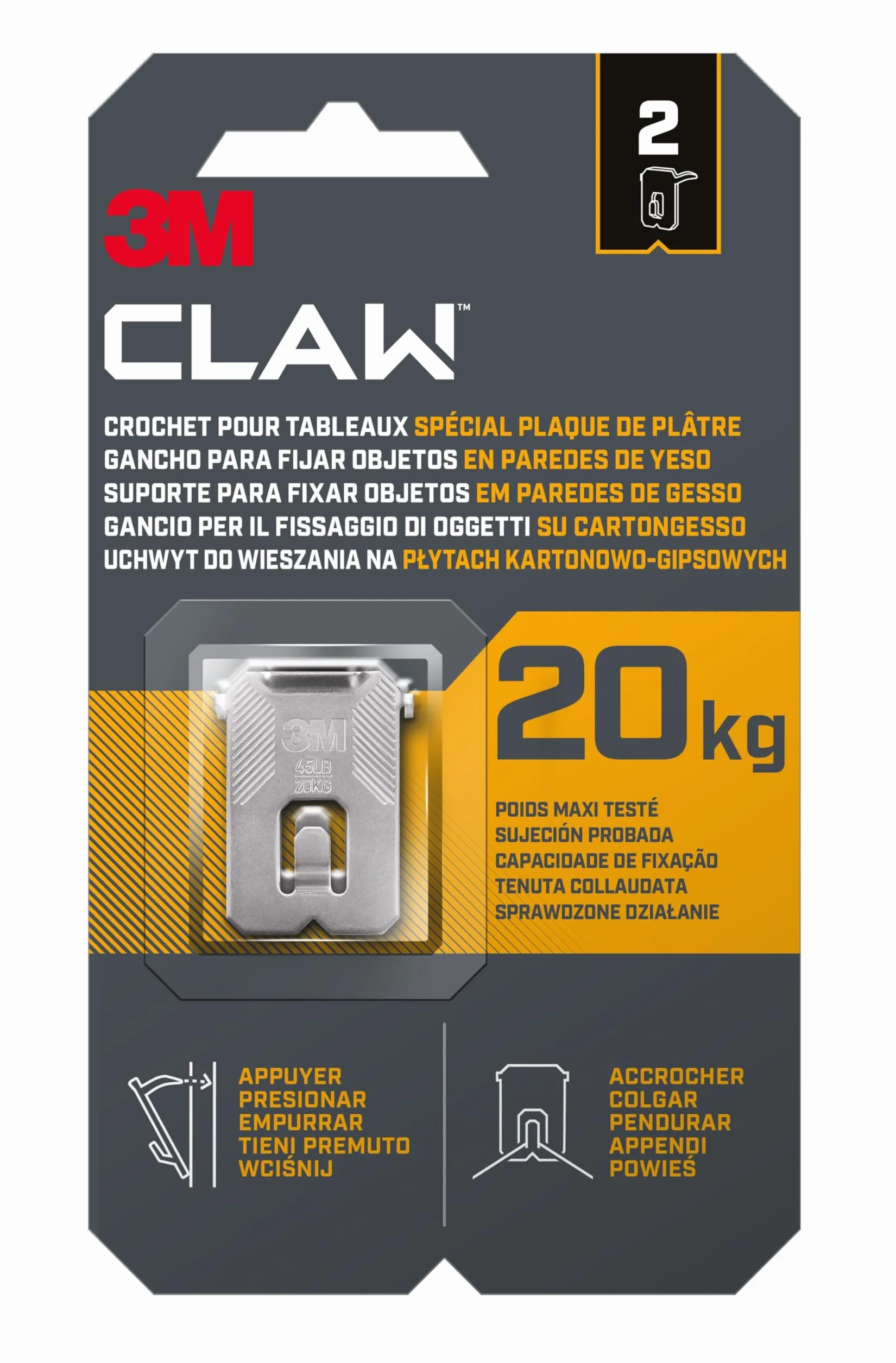 Hak do płyt gipsowo-kartonowych 3M CLAW 20 kg, 3PH20-2WMR, 2 haki