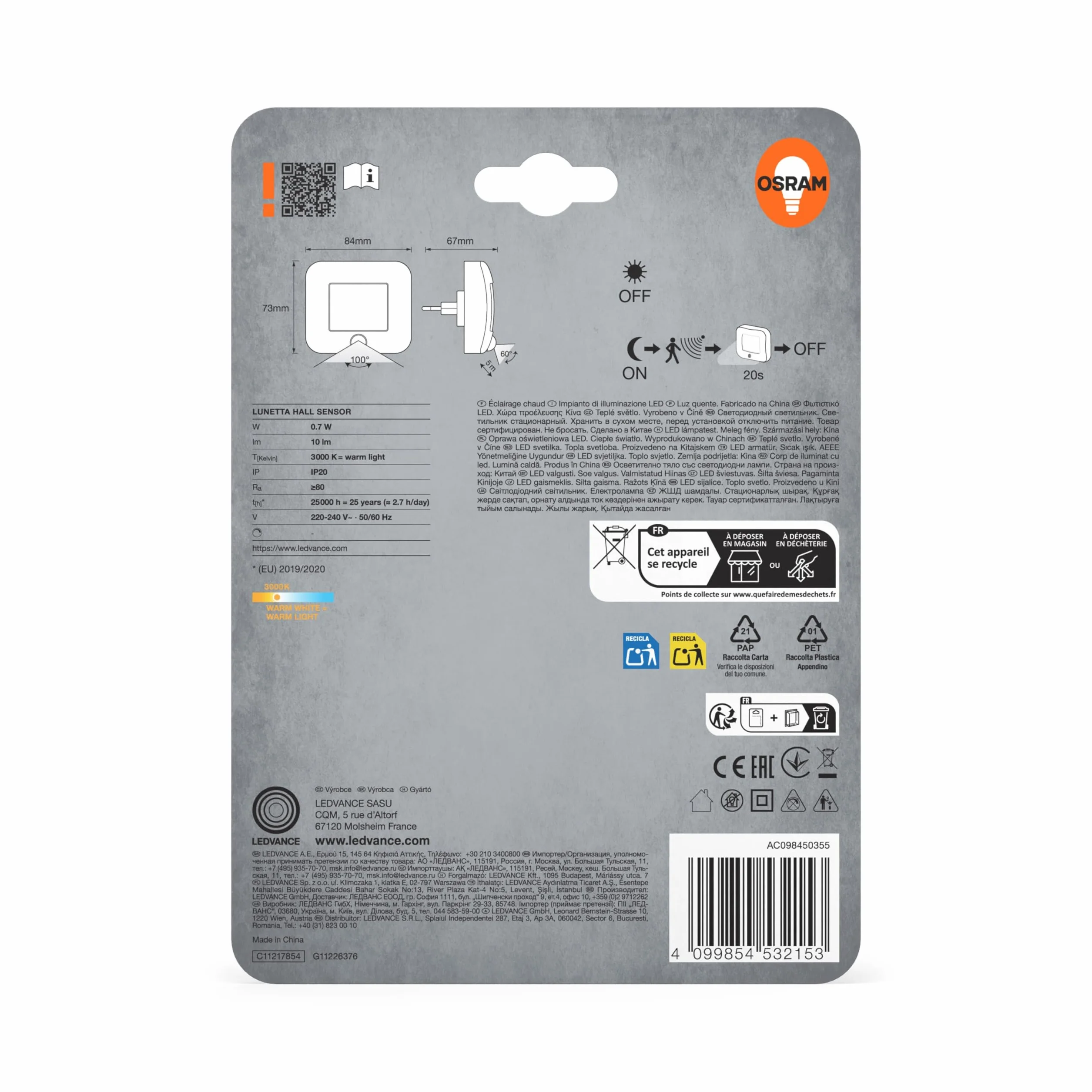 OSRAM LUNETTA Lampka nocna z czujnikiem Halla, biała; czujnik ruchu; czujnik światła dziennego; Technologia LED; IP20; 0,7 W; wkładka gniazdowa