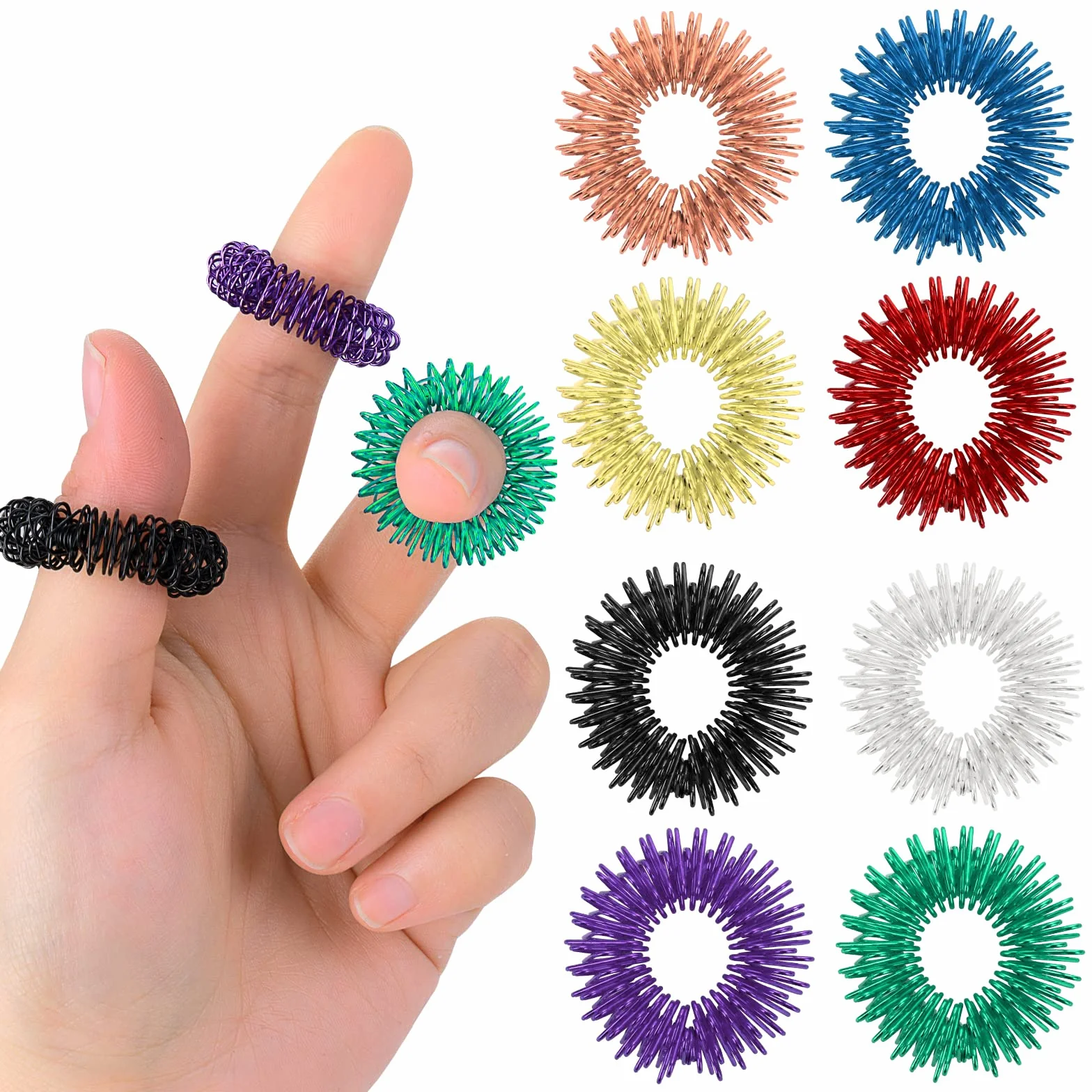 8 sztuk pierścieni do akupresury - kolczaste sensoryczne pierścienie na palce, pierścienie do akupunktury Fidget do cichego zmniejszania stresu i masażera, poprawiają krążenie krwi