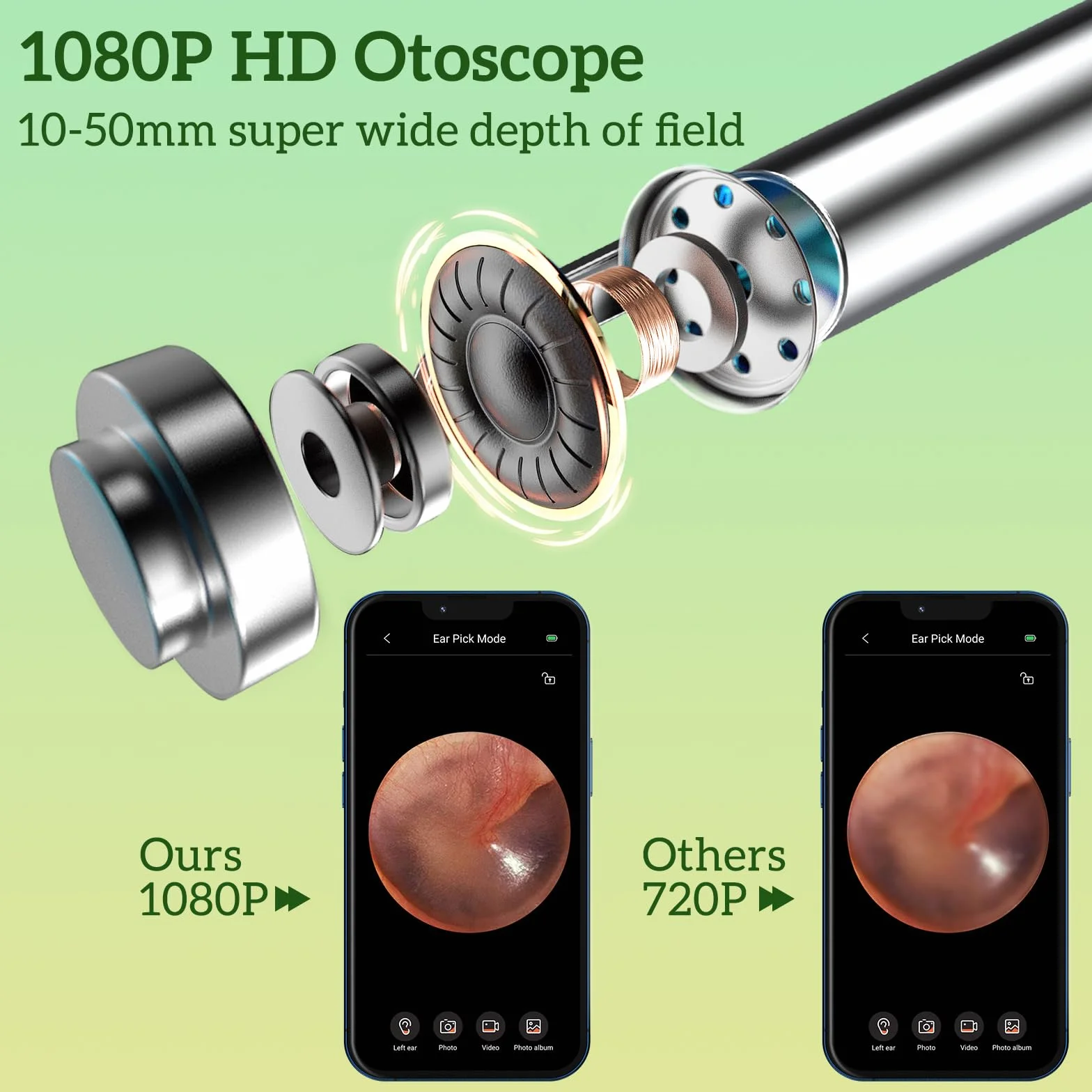 inteligentny środek do czyszczenia uszu, otoskop 1080p HD z aparatem, otoskop z 6 diodami LED, wodoszczelność IP67, do iPhone'a, smartfonów z systemem Android i iPada, kolor czarny