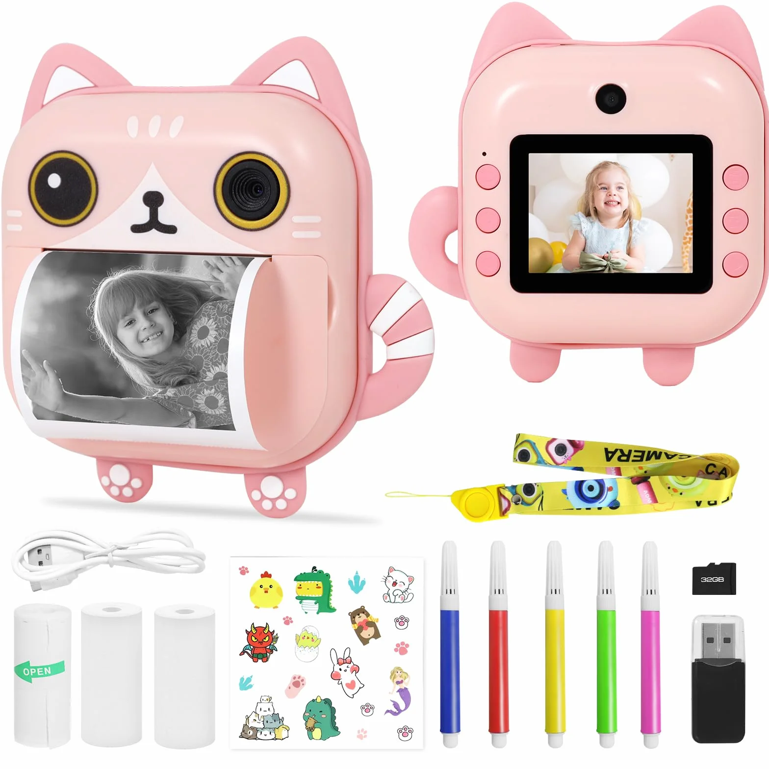 AURTEC Aparat natychmiastowy dla dzieci, mini kamera termowizyjna, nie wymaga atramentu, podwójny aparat 48 MP, wideo HD 1080P, karta TF 32G, 3 papier do drukowania, kolorowy ekran 2,4 cala, uroczy