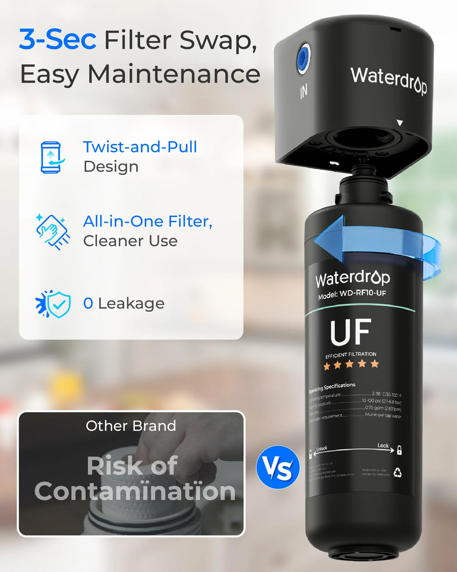 Waterdrop RF10-UF wymienna nasadka ochronna filtra 0,01 mikrona do filtra wody pod umywalkę 10UA/10UA-UF/10UB/10UB-UF, redukuje ołów, chlor, nieprzyjemny smak i zapachy