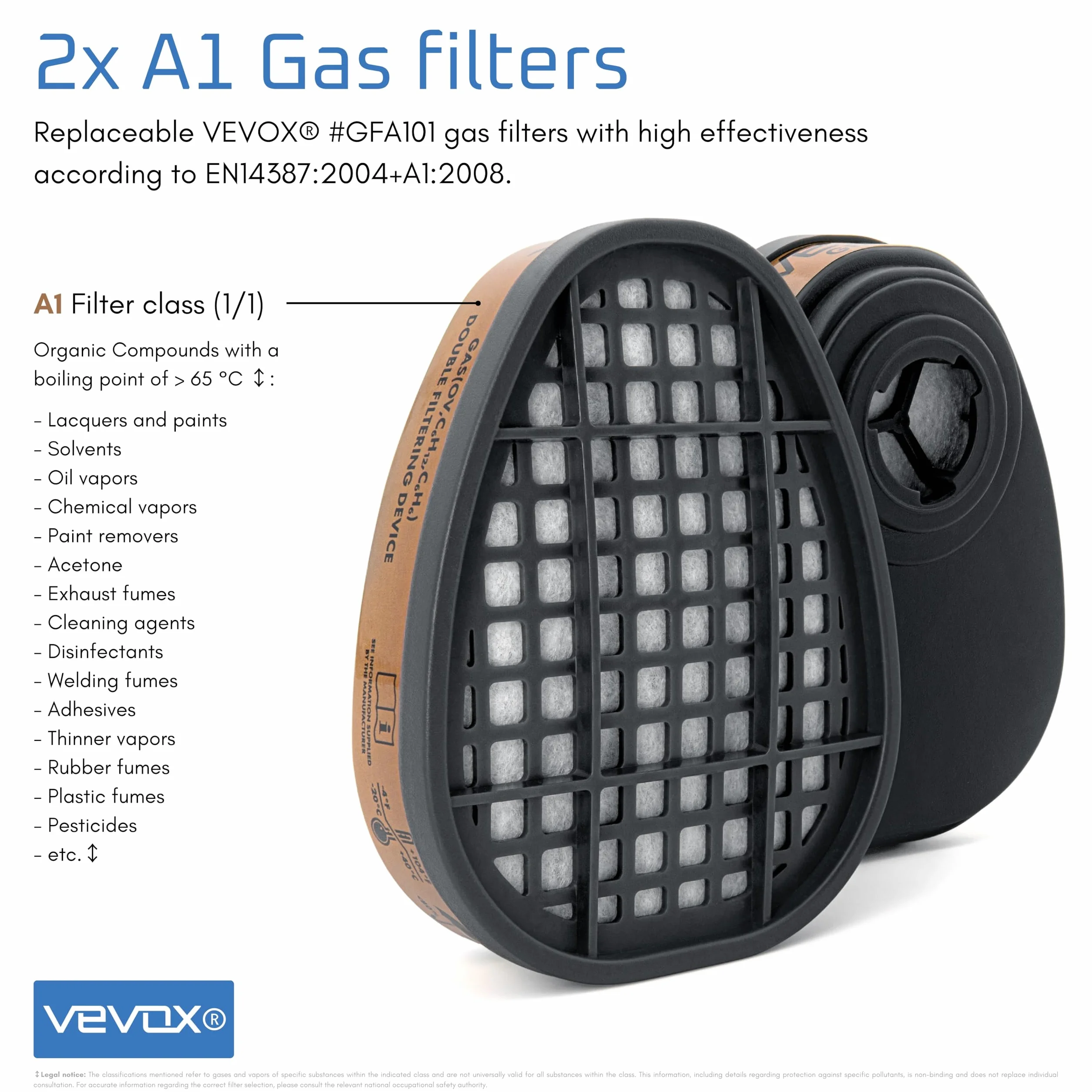 VEVOX® - Filtr do półmaski - do wyboru filtr cząstek P2, P3 lub filtr gazu A1, ABEK1 - wkłady filtrujące do maski/półmaski gazowej (A1 Filtr gazu - 2 sztuk)