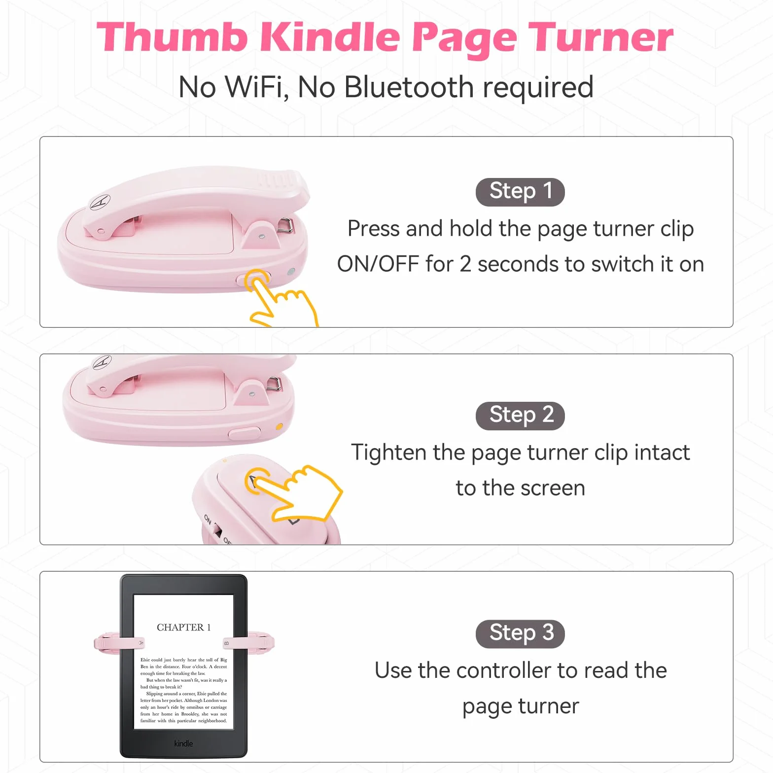 Zdalne sterowanie RF, przewracacz stron do Kindle z ładowaniem USB-C, klips A i B, wskaźnik LED, odporny na odciski palców, długi czas czuwania dla czytników e-booków — łatwa obsługa jedną ręką