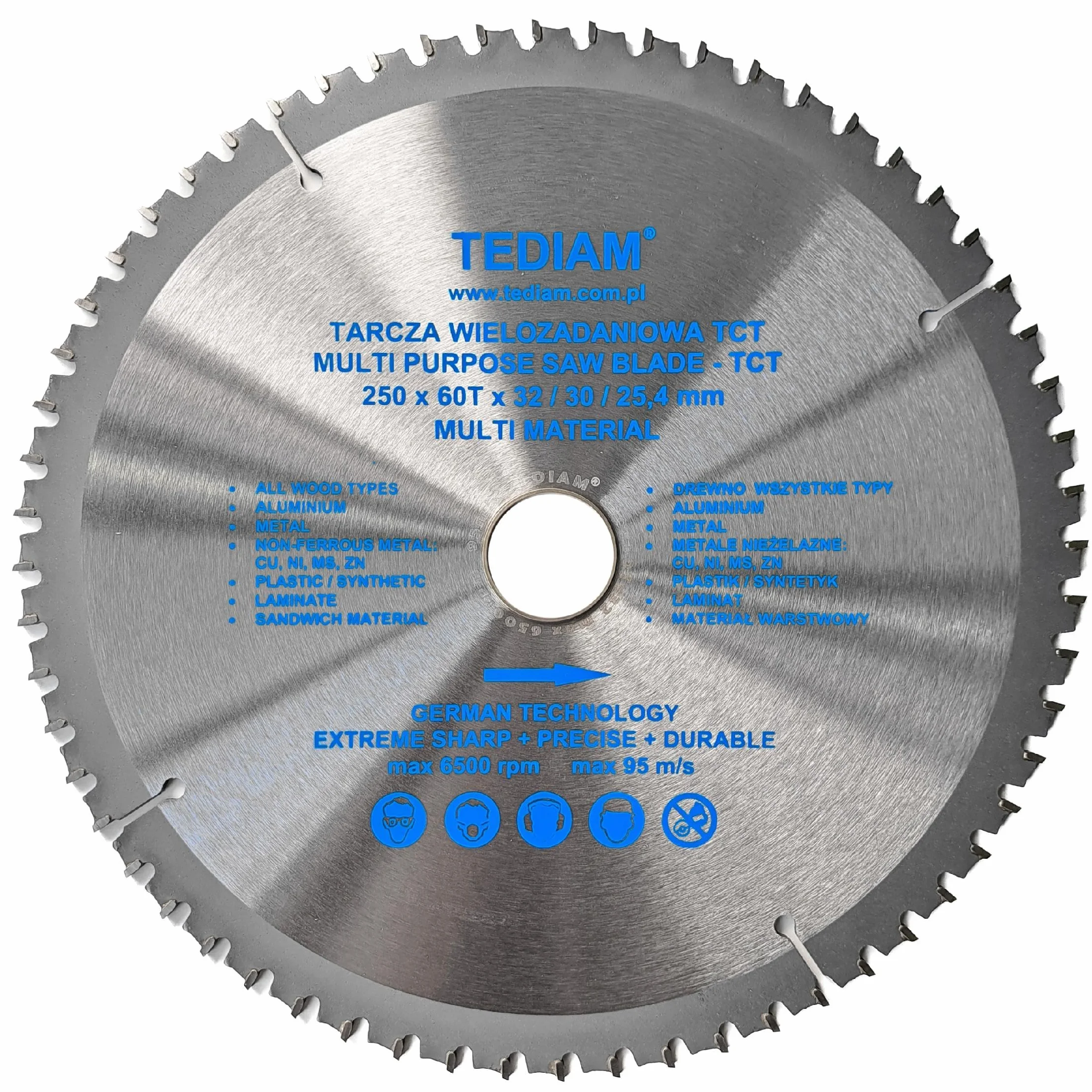 TEDIAM, Tarcza Wielozadaniowa z Węglikiem Wolframu TCT, Piła Tarczowa, Do Drewna/Aluminium/Metali/Plastiku, 250x32mm, 60 Zębów, Profesjonalna