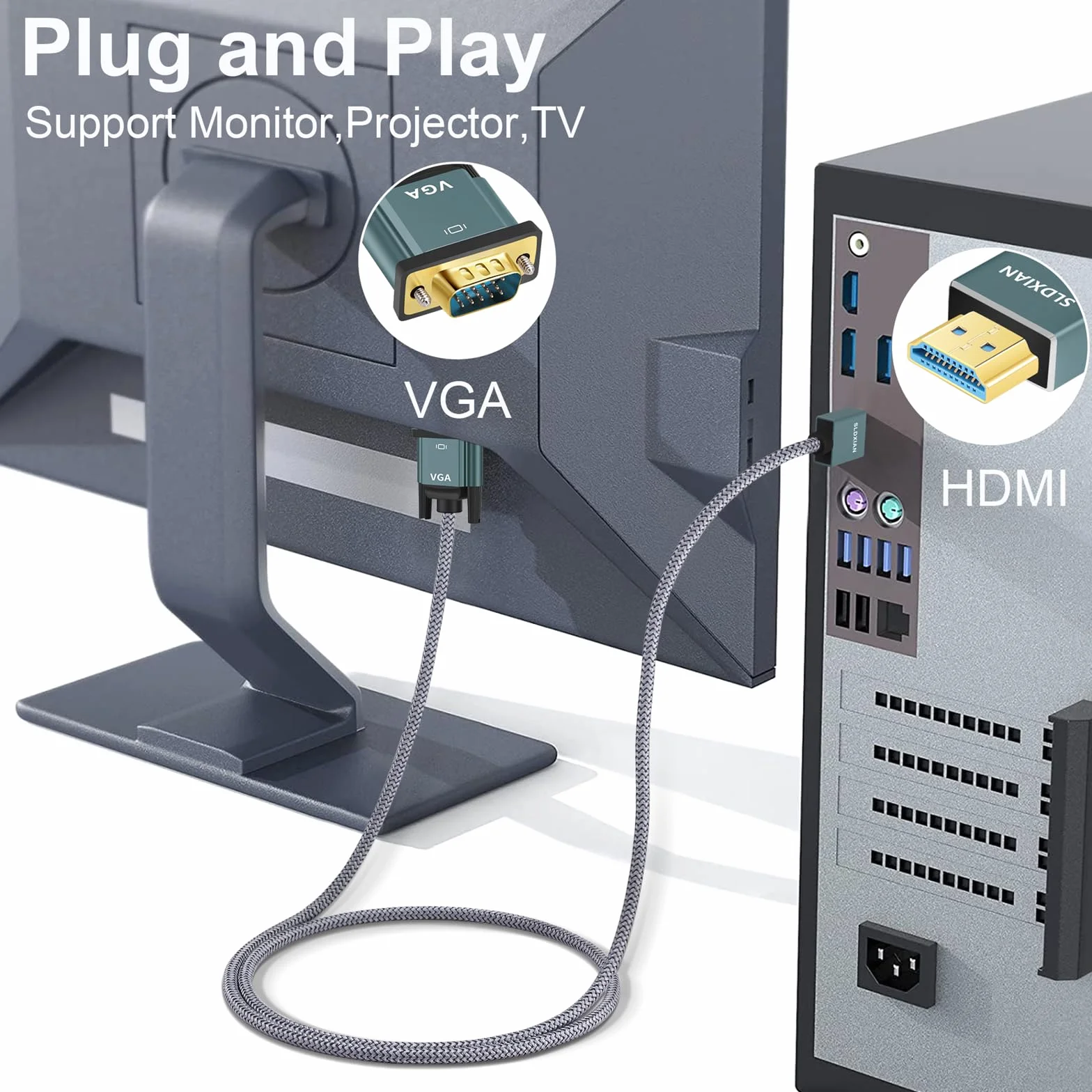 Przewód HDMI-VGA 1080P pozłacany aluminiowy pleciony konwerter