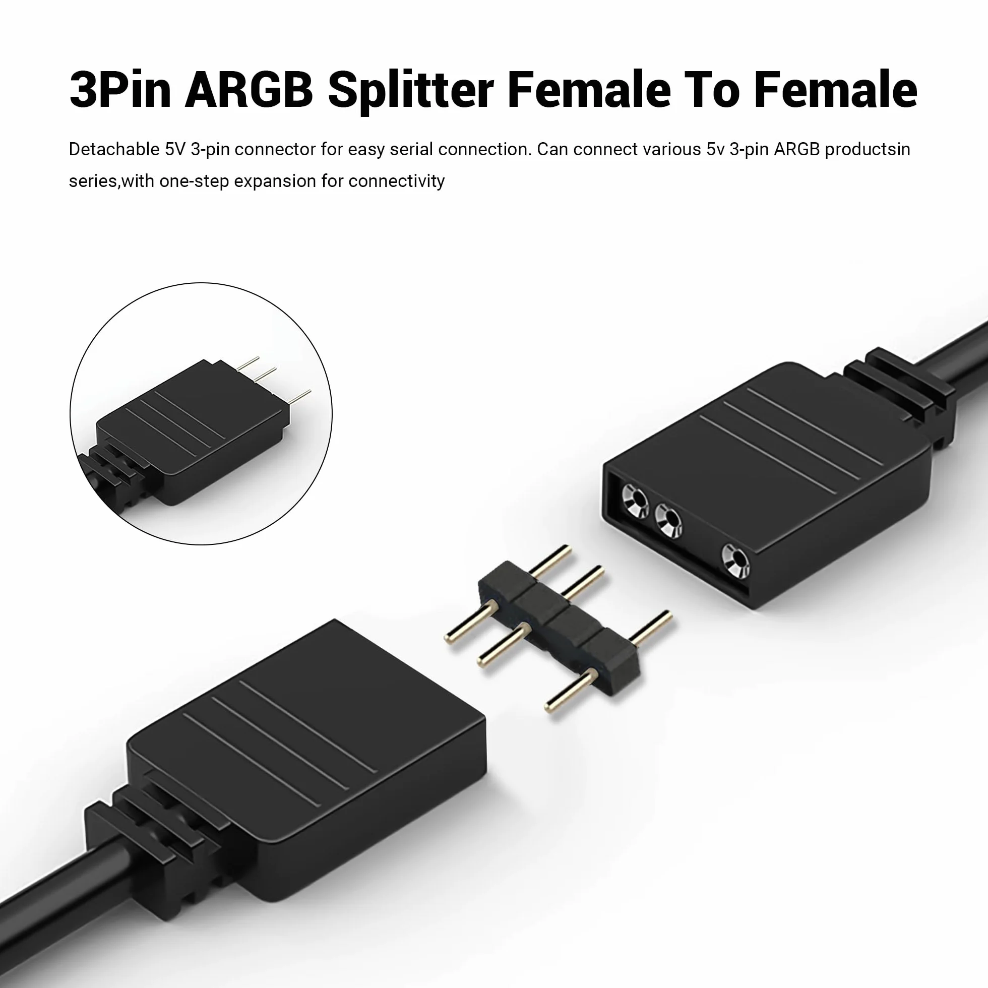 ARGB Przedłużacz 5 V, 3-biegunowy, adresowalny kabel rozdzielający ARGB, gniazdo na gniazdo, rozdzielacz LED, kabel synchroniczny do chłodnicy CPU i serii LED (30 cm, 2 szt., 1 na 1, biały)