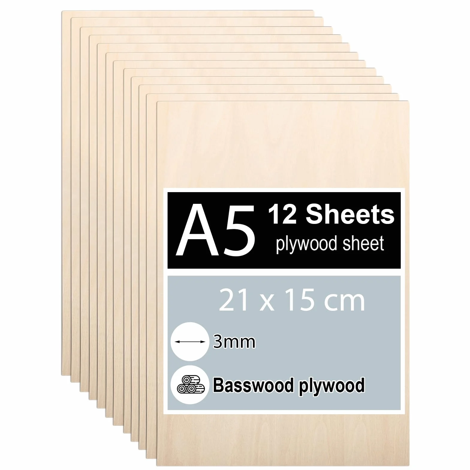 Sklejka lipowa, 12 sztuk, 3 mm, A5, 21 x 15 cm, cienkie wykroje z drewna, do prac DIY, obróbki laserowej, pirografii, modelarstwa, dekoracji, obrazów