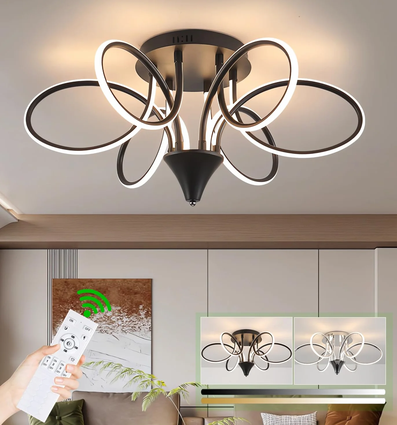 Nowoczesna lampa sufitowa LED 90W Nordic Oświetlenie sufitowe Możliwość przyciemniania Lampa sufitowa do salonu Żyrandol do jadalni z pilotem Sypialnia Wiszące światło sufitowe (Czarny, Φ75cm)