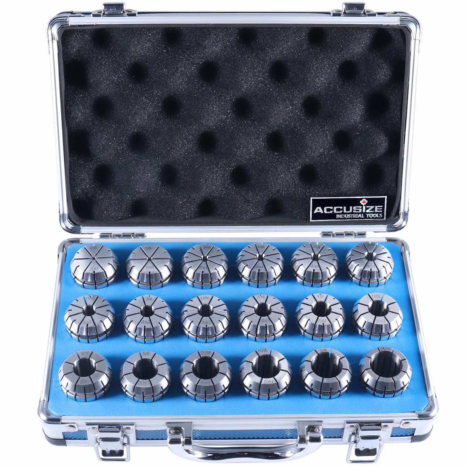 Accusize Industrial Tools 18-częściowy zestaw tulei zaciskowych Er32, rozmiar od 3/32'' do 25/32'' w dopasowanym mocnym pudełku, 0223-0880
