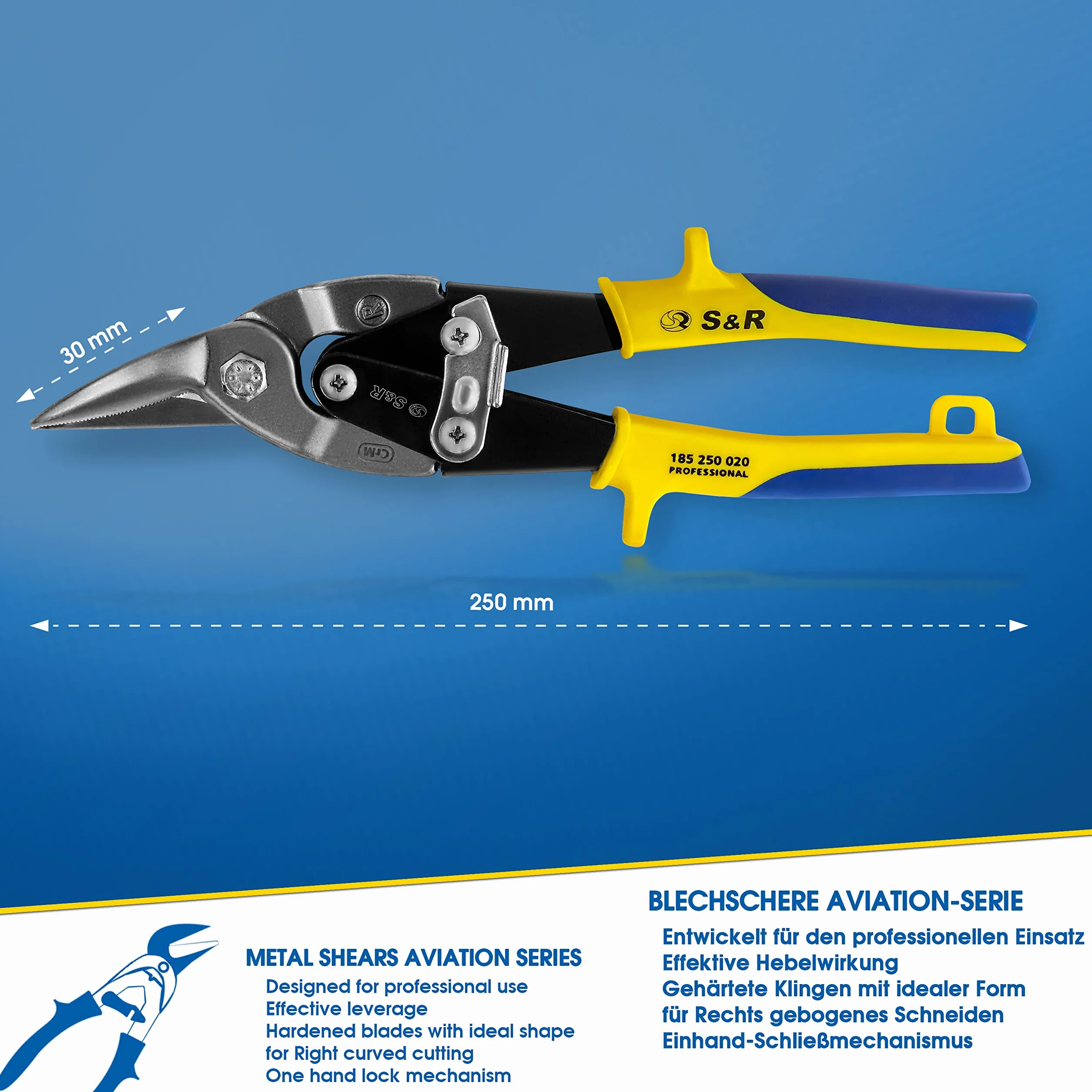 S&R Nożyce do blachy Aviation, cięcie prawe 250 mm, stal Cr-Mo o wysokiej wytrzymałości, nożyce do blachy idealne jako narzędzie do suchej zabudowy, do produkcji karoserii, obróbki blachy, nożyce do