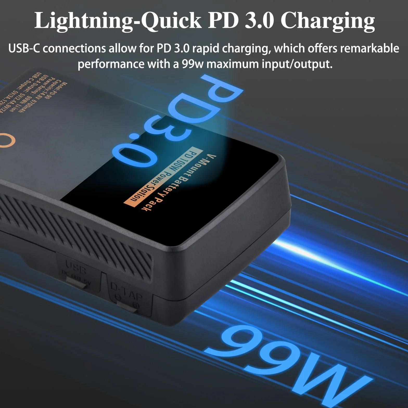 V Mount/V-Lock akumulator 99 Wh 6700 mAh Mini V-Mount akumulator z PD 100 W USB-C kabel do szybkiego ładowania i wtyczka PD 65 W do kamkordera, aparatu, monitora polowego, oświetlenia wideo