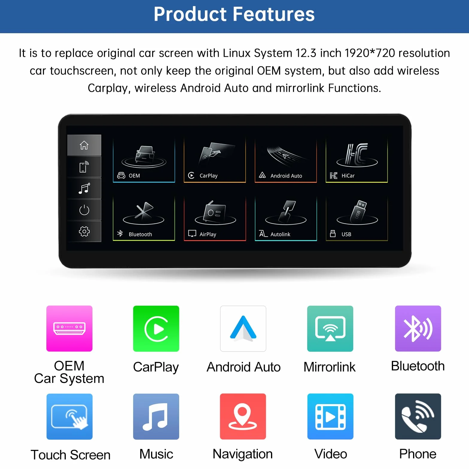 Road Top 12,3 cala Bezprzewodowy ekran dotykowy radia samochodowego CarPlay dla Audi A4 A5 2009-2015