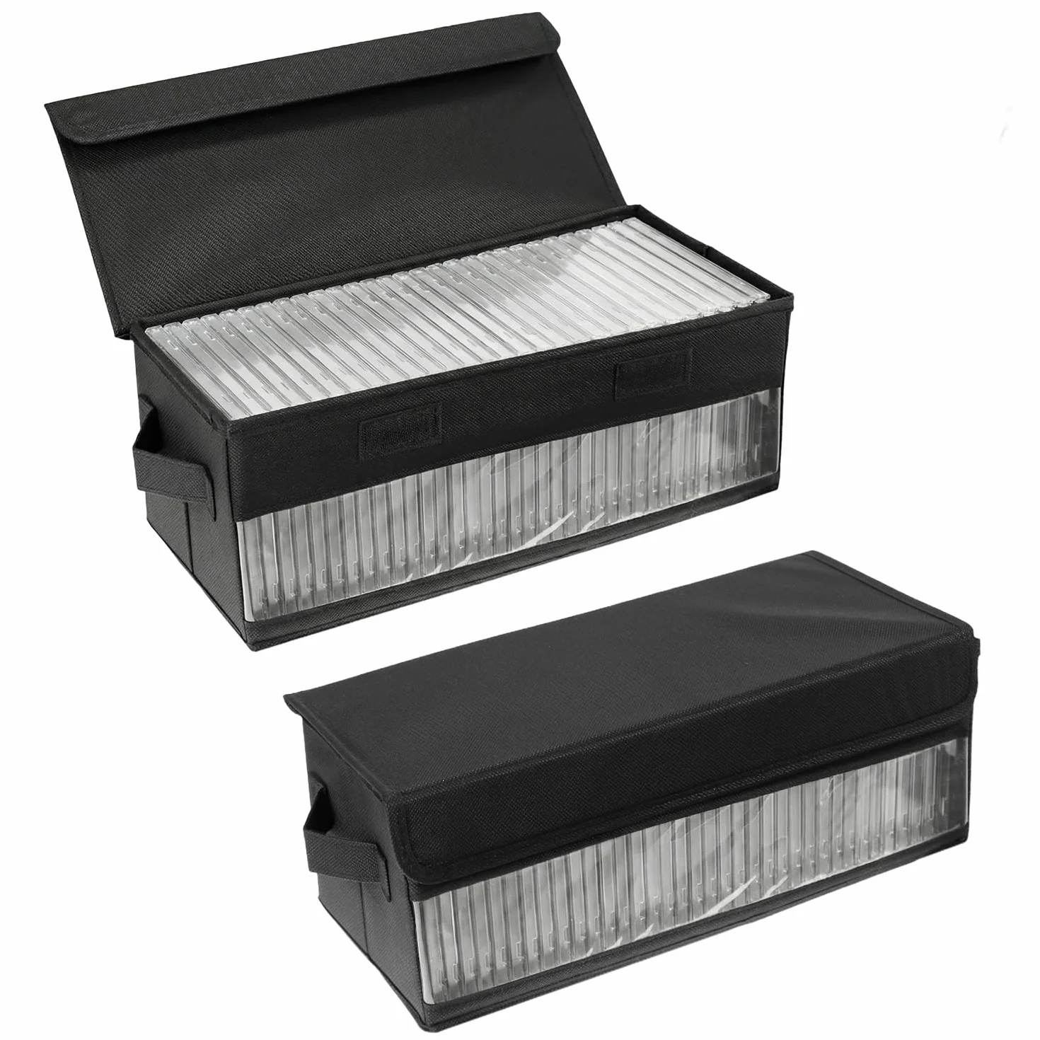 QWORK 2 pudełka do przechowywania płyt CD, 36 x 14 x 6 cm, czarny organizer z tkaniny, na 30 standardowych etui na płyty CD, 60 cienkich etui na CD lub 165 segregatorów na CD