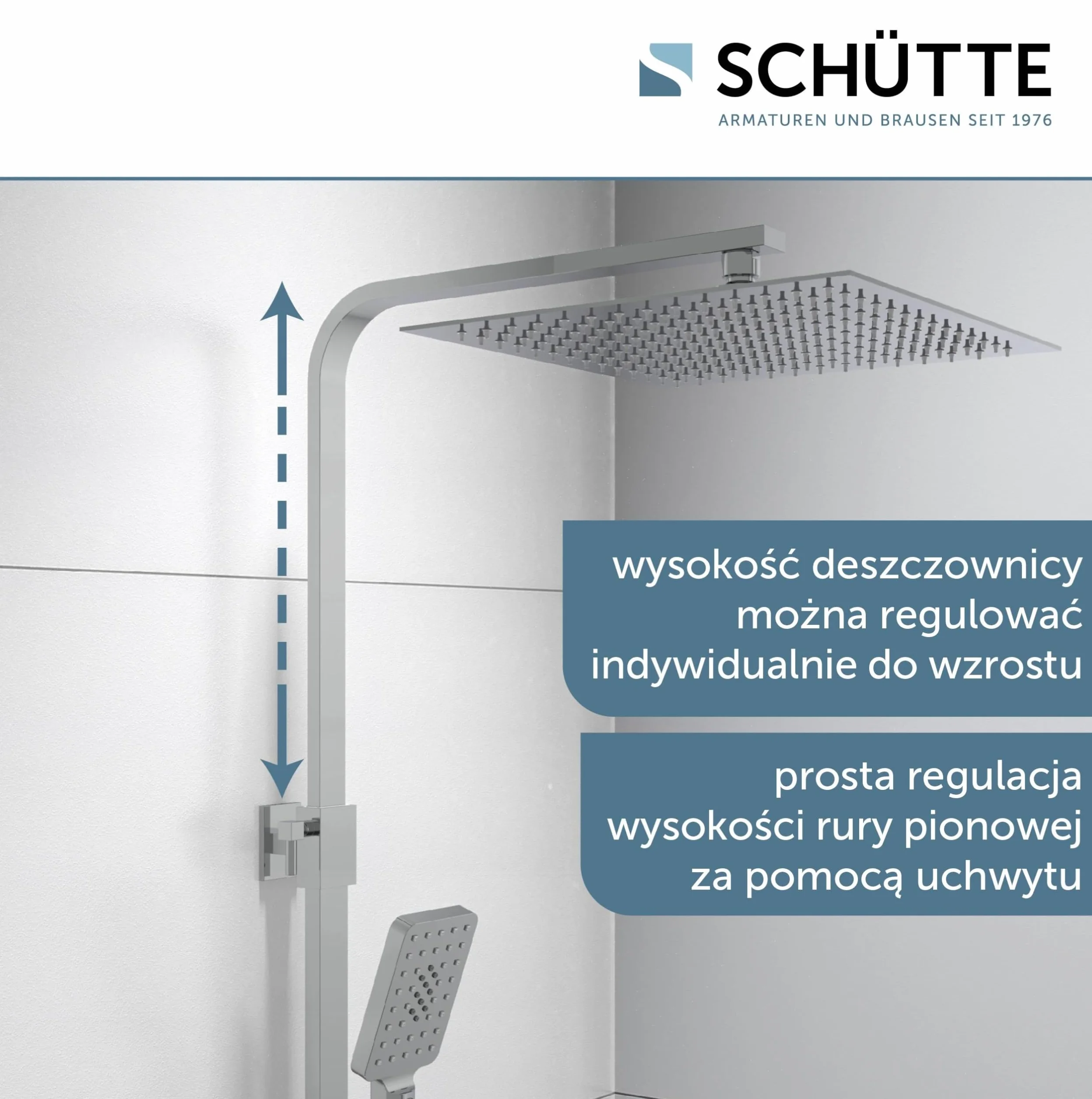 SCHÜTTE OCEAN 60531 system prysznicowy z termostatem i szklaną półką, 30 x 30 cm, deszczownica z uchwytem ściennym i panelem prysznicowym, kolumna prysznicowa w kolorze chromowym/antracytowym
