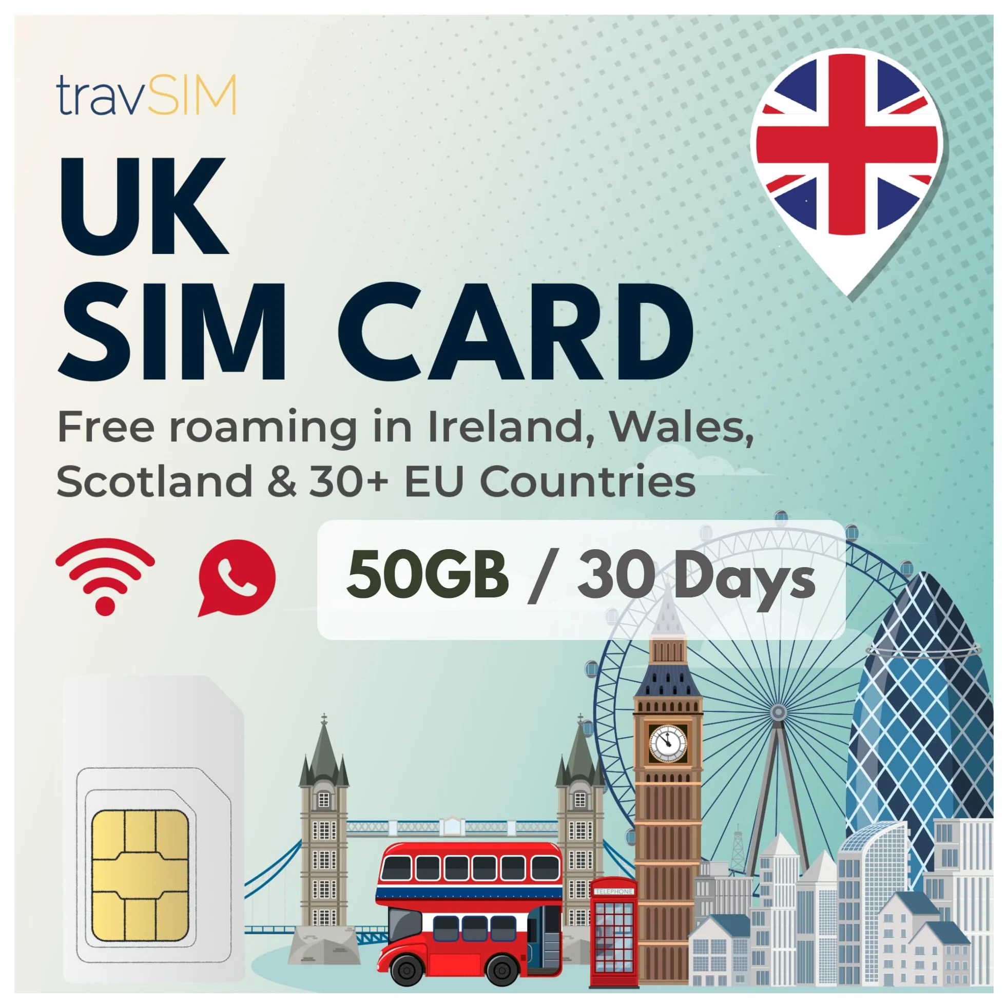 travSIM Karta SIM UK |50 GB danych/prędkości 4G/5G |Nielimitowane połączenia |Używaj karty SIM UK w Wielkiej Brytanii, Szwajcarii i ponad 30 krajach UE |Plan na karcie SIM UK jest ważny przez 30 dni