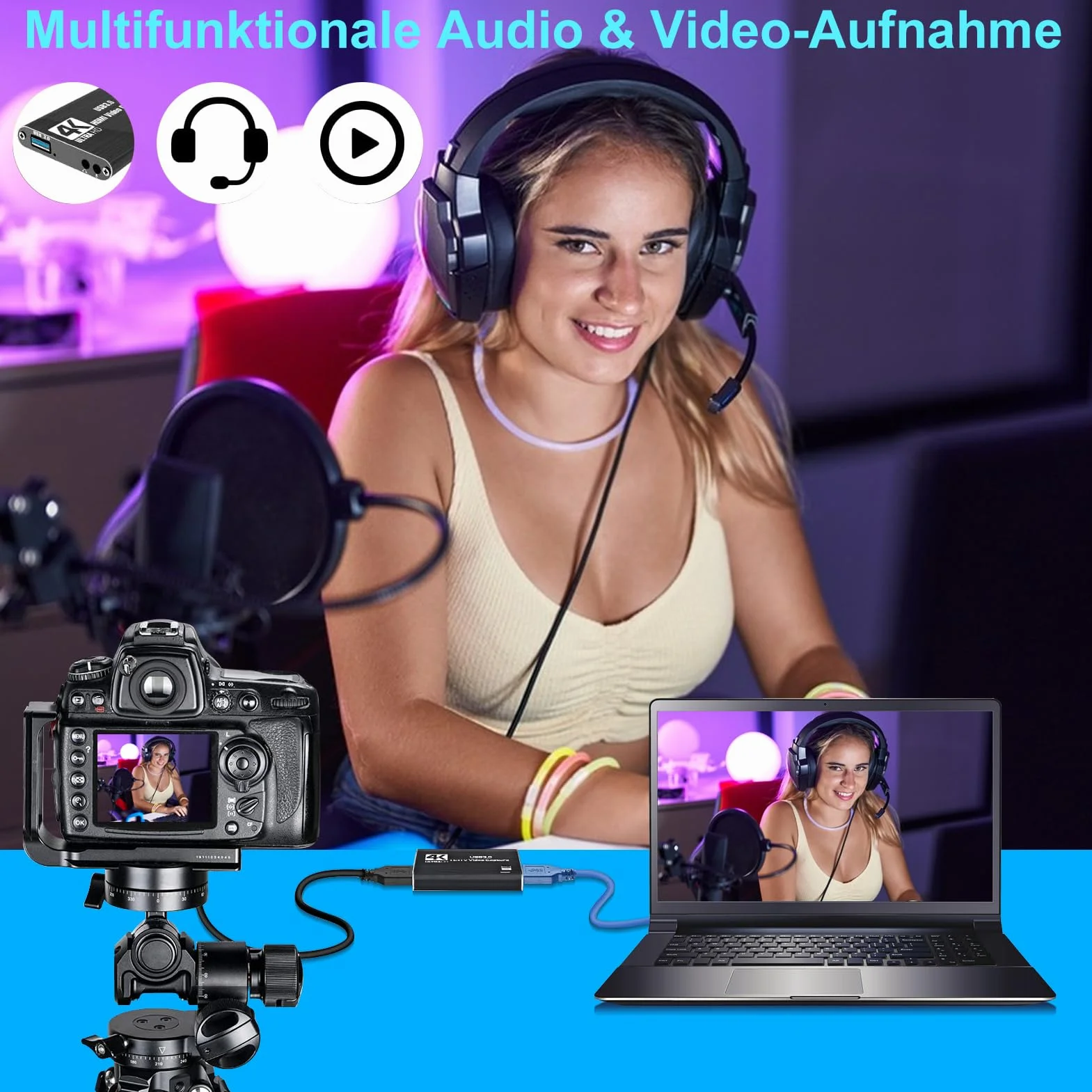 Karta przechwytywania wideo 4K, USB 3.0, obsługuje wyjście 4K HDMI Loop i nagrywanie strumieniowe wideo 1080p 60 kl./s, kompatybilna z Xbox/PS4/Switch/aparatem/PC/OBS