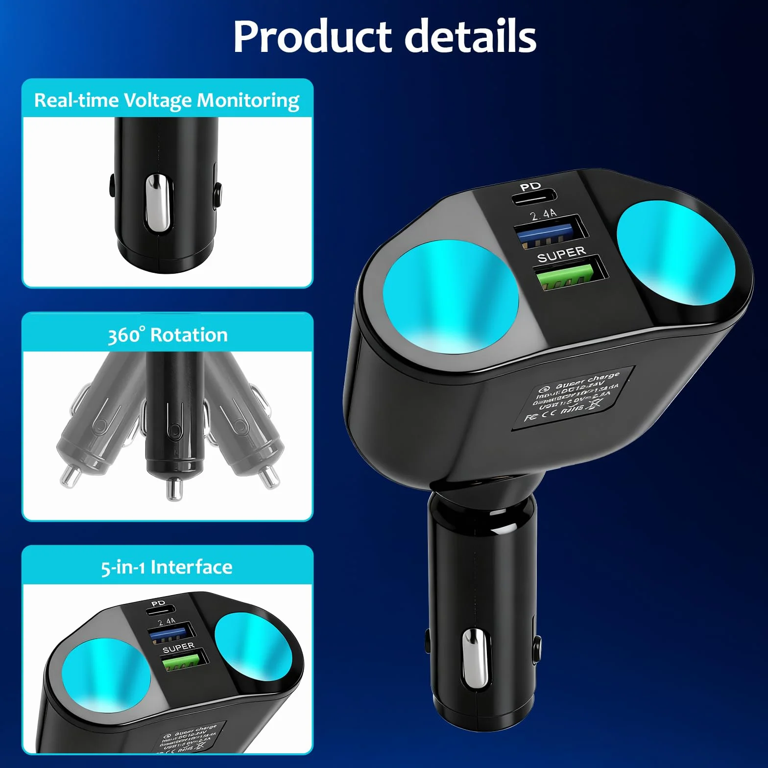 VOSSOT 5 w 1 rozdzielacz do gniazda zapalniczki samochodowej 12V/24V z woltomierzem LED Dual USB