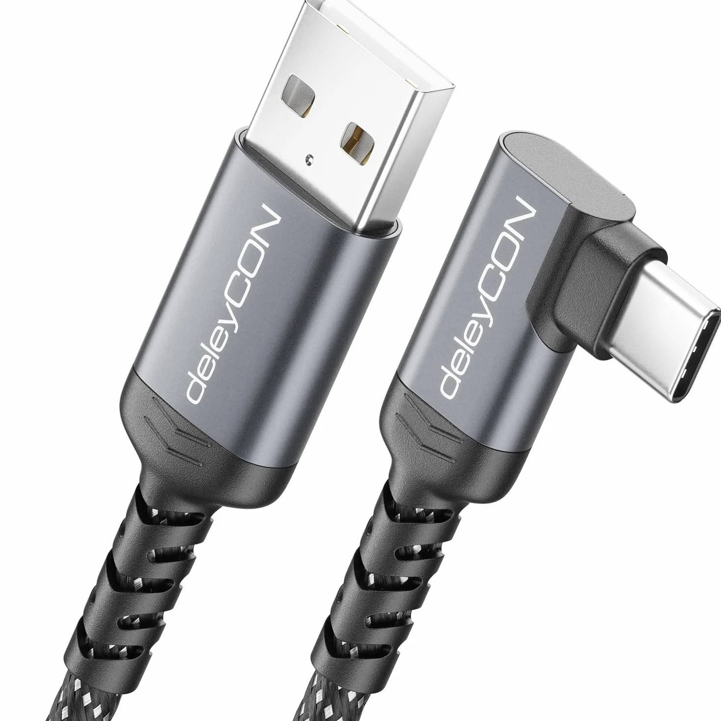 deleyCON 1m Kabel USB-C Kątowy 90° USB-A do USB-C Ładujący i Danych do iPhone 17 16 15 Pro Max Air, Galaxy A16 A56 S25 S24 S23, Pixel, AirPods, Laptopa, PS5