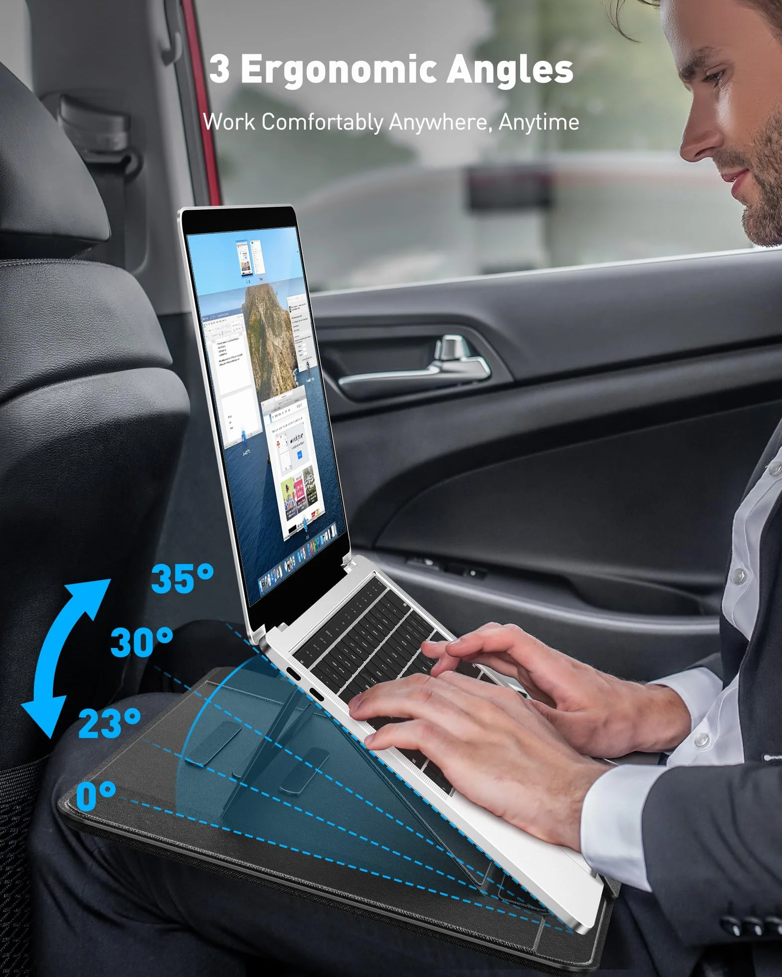 AboveTEK Przenośna taca na laptopa z wysuwaną prawą podkładką pod mysz, 3 ergonomiczne kąty, skóra PU antypoślizgowa osłona termiczna, biurko na kolana do laptopa do łóżka, sofy, podróży, pasuje do