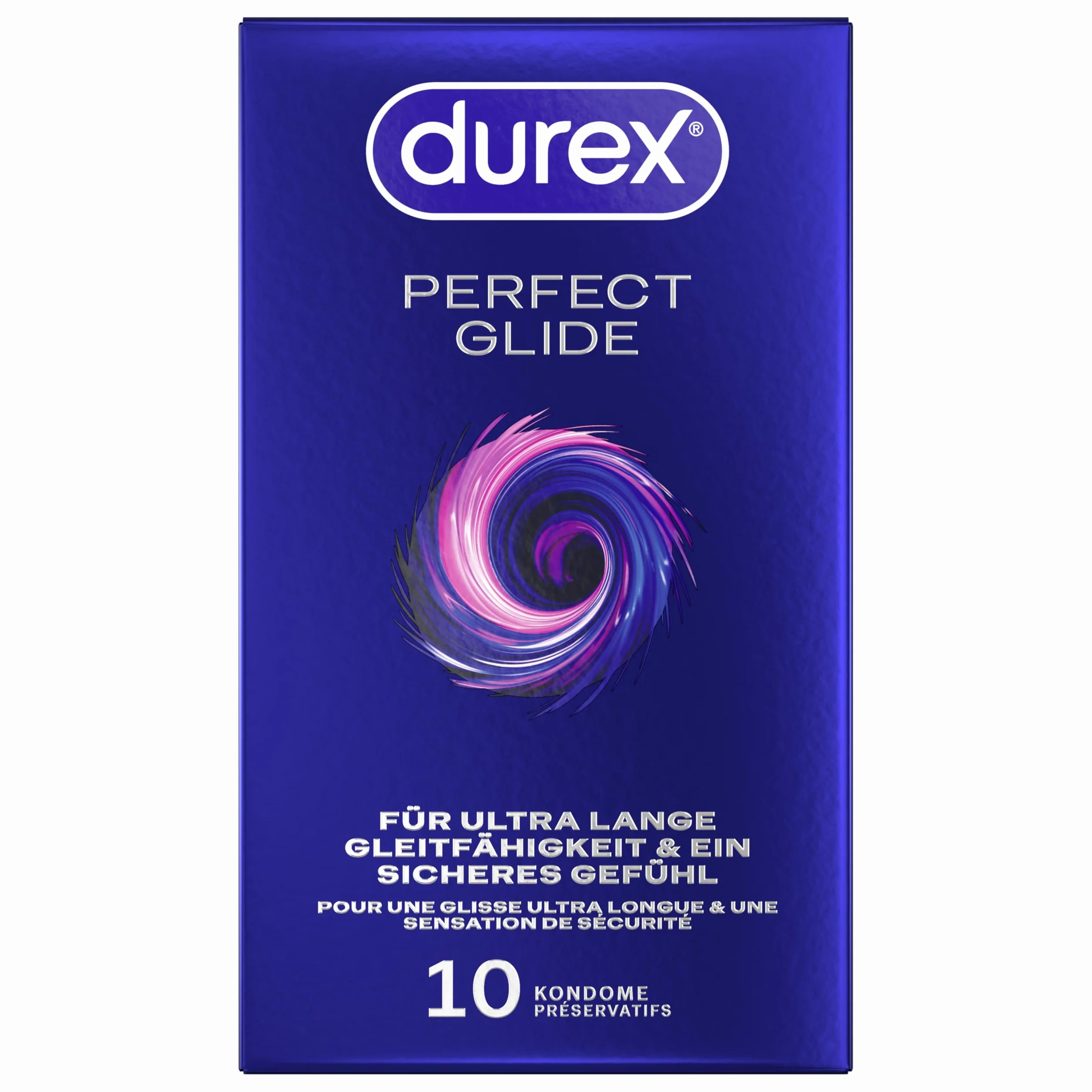 Durex Perfect Glide prezerwatywy – z dużą ilością silikonowego żelu ślizgowego zapewniającego wyjątkowo długi poślizg i uczucie bezpieczeństwa – 10 sztuk w opakowaniu (1 x 10 sztuk)