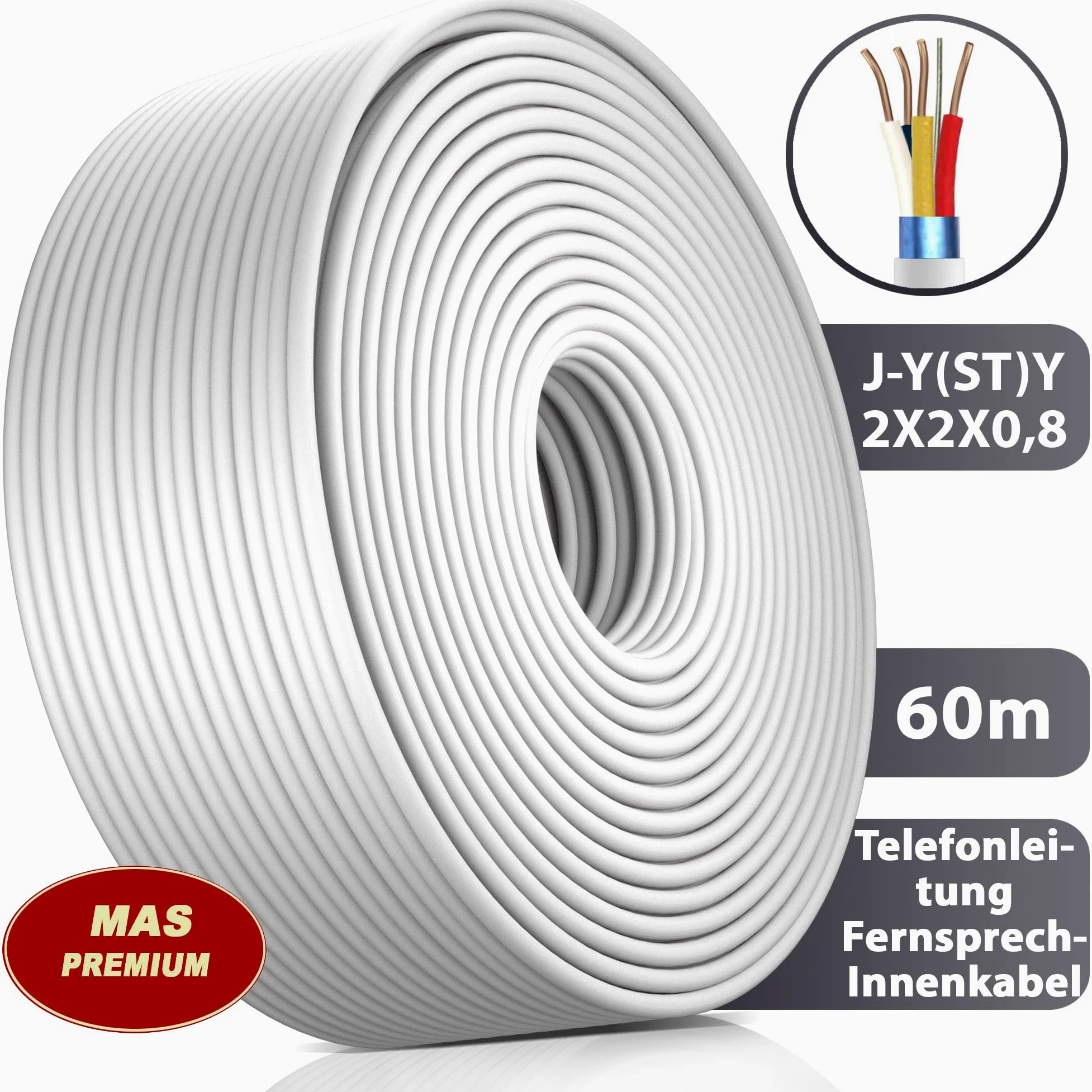 MAS Premium Kabel telekomunikacyjny J-Y (ST) Y 2 x 2 x 0,8 kabel telefoniczny, przewód dzwonkowy, przewód telekomunikacyjny (60 m)